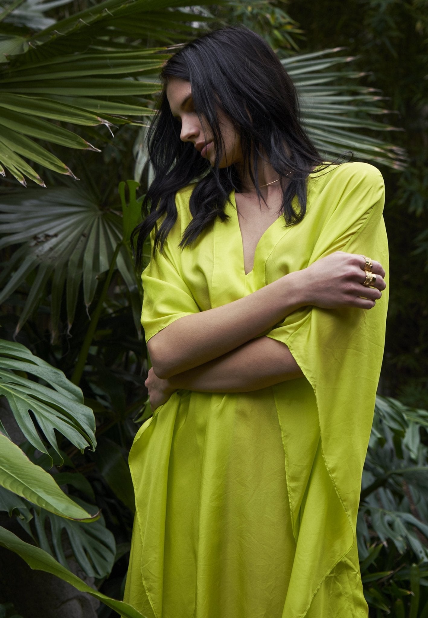 Chartreuse Silk Placket V-Neck Long Caftan - ocean+main