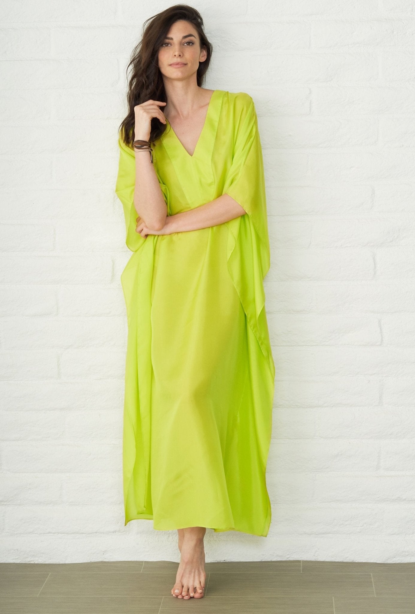 Chartreuse Silk Placket V-Neck Long Caftan - ocean+main