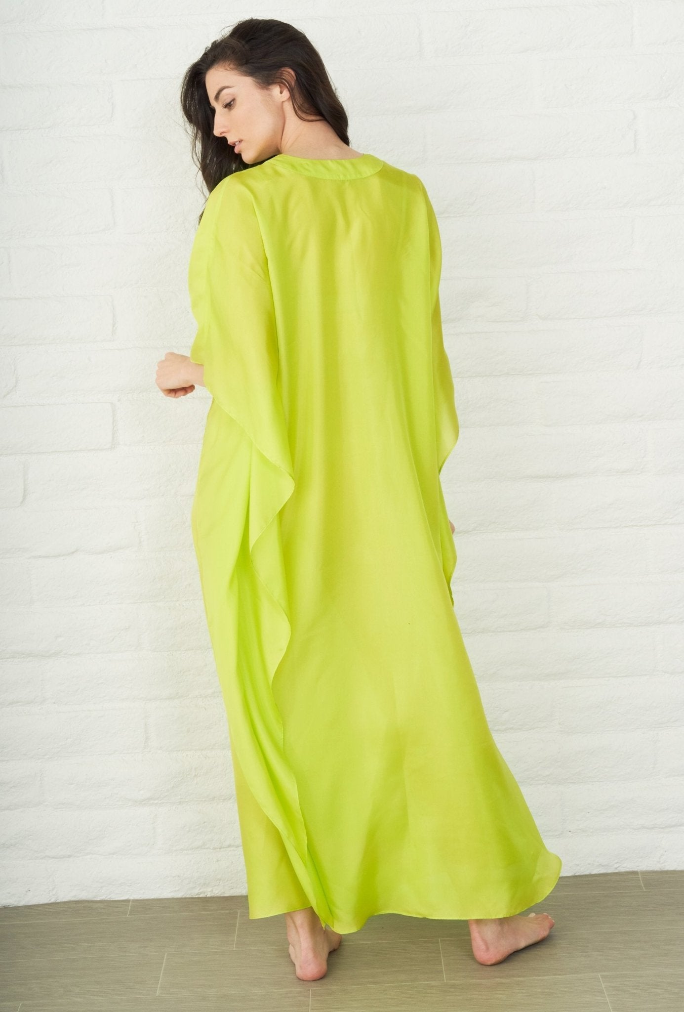 Chartreuse Silk Placket V-Neck Long Caftan - ocean+main