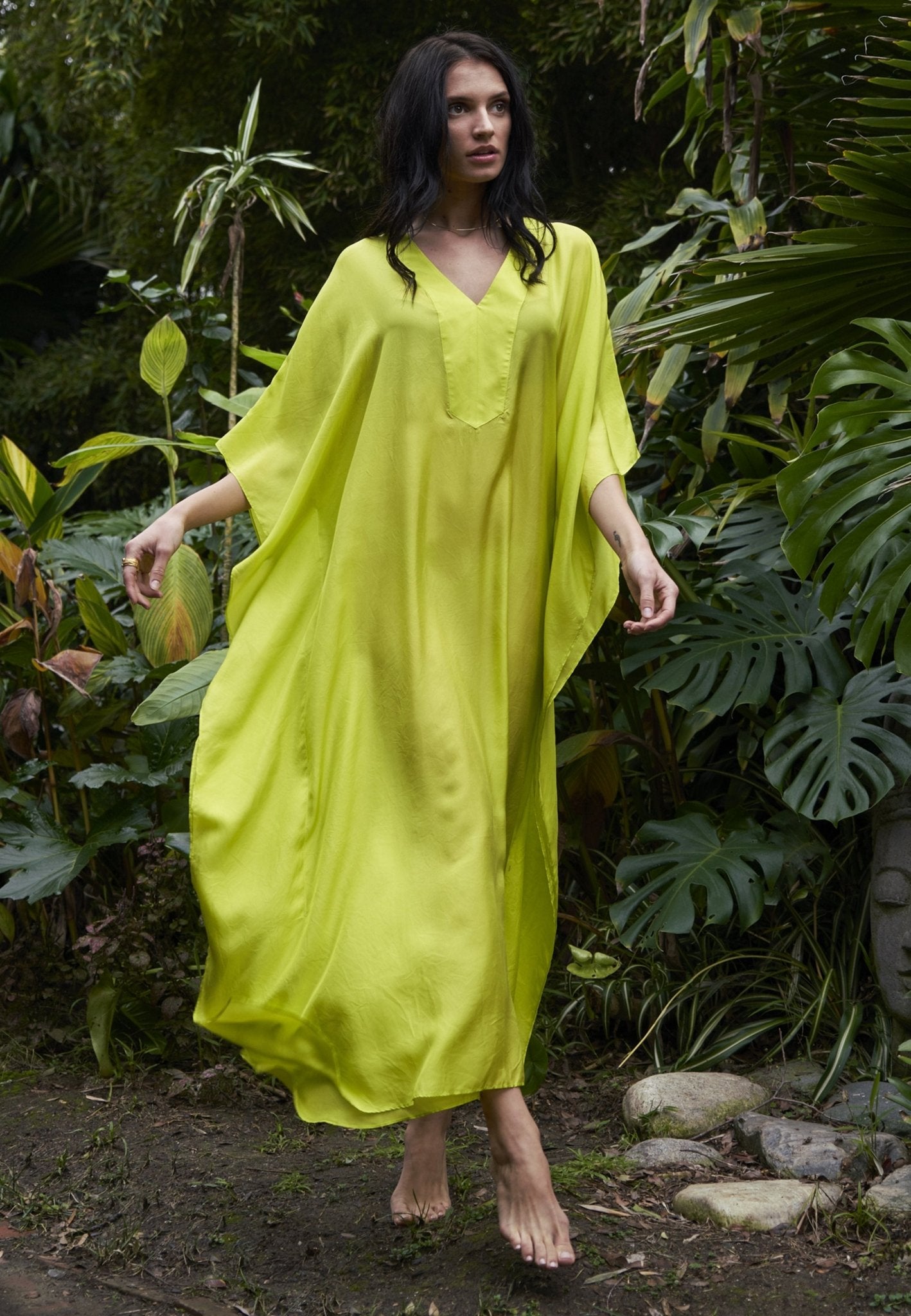 Chartreuse Silk Placket V-Neck Long Caftan - ocean+main