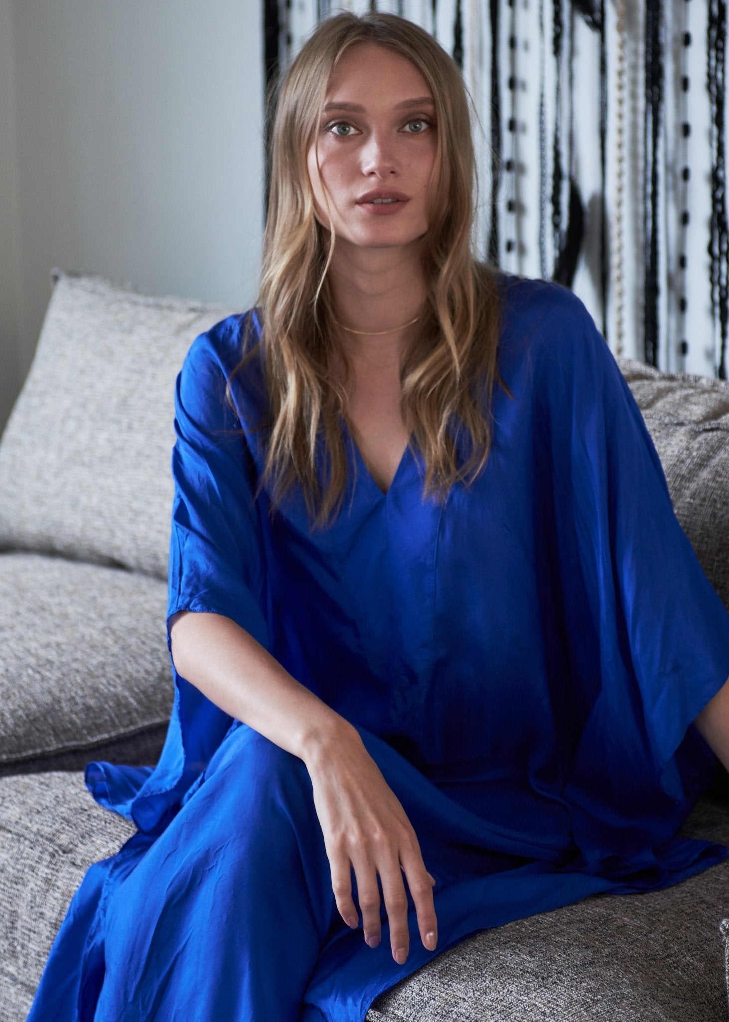 Cobalt Silk Placket V-Neck Long Caftan - ocean+main