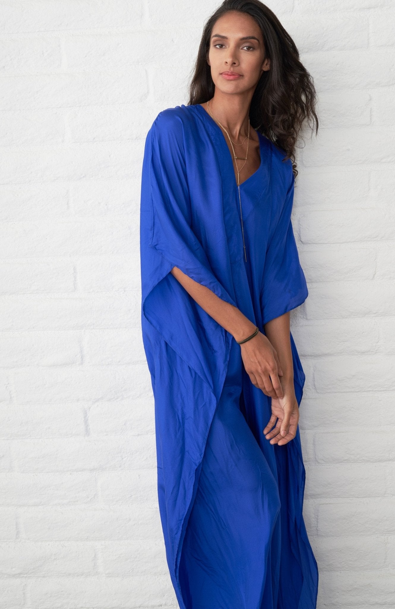 Cobalt Silk Placket V-Neck Long Caftan - ocean+main