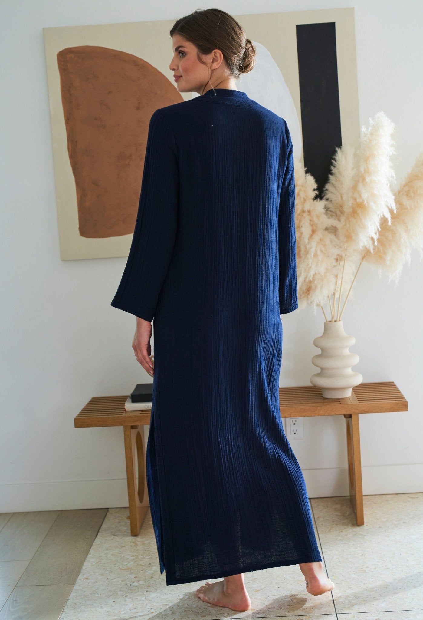 Double Gauze Mandarin Collar Tunic in Navy - ocean+main