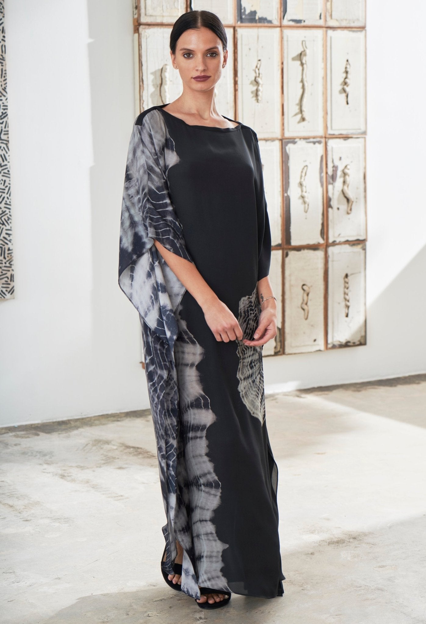 Fossil Print Black Silk Boatneck Caftan - ocean+main