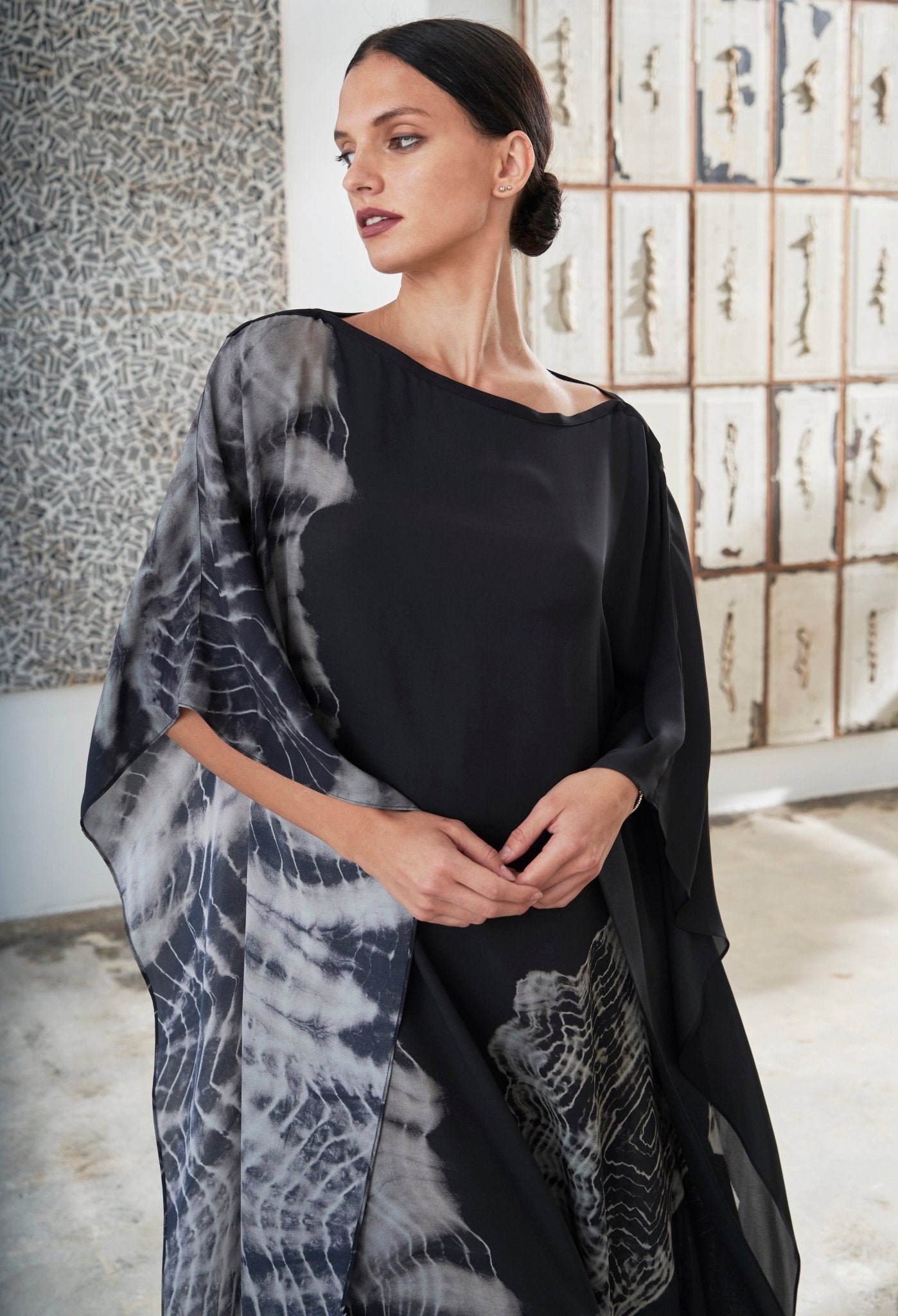 Fossil Print Black Silk Boatneck Caftan - ocean+main