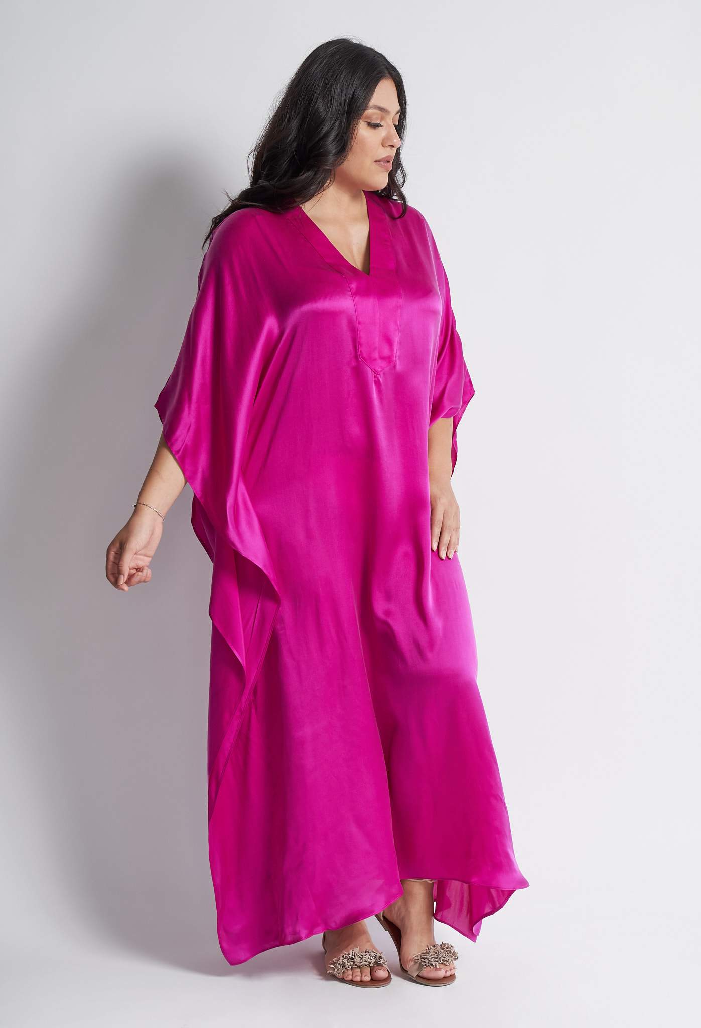 Fuchsia Silk Placket V-Neck Long Caftan - ocean+main