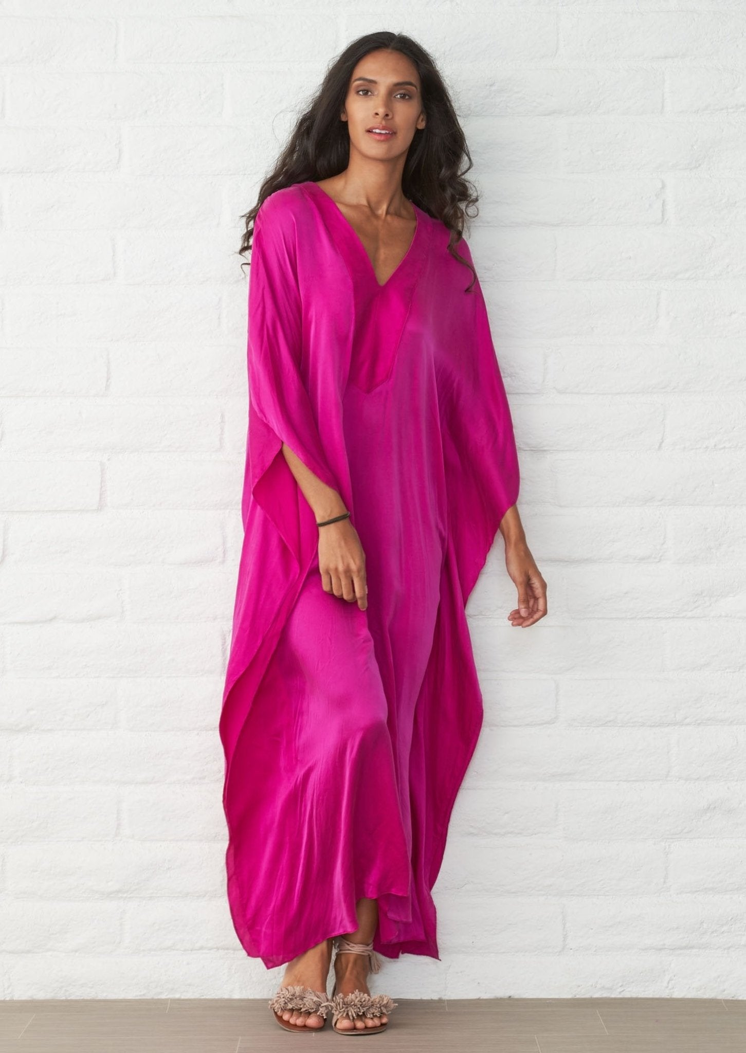 Fuchsia Silk Placket V-Neck Long Caftan - ocean+main