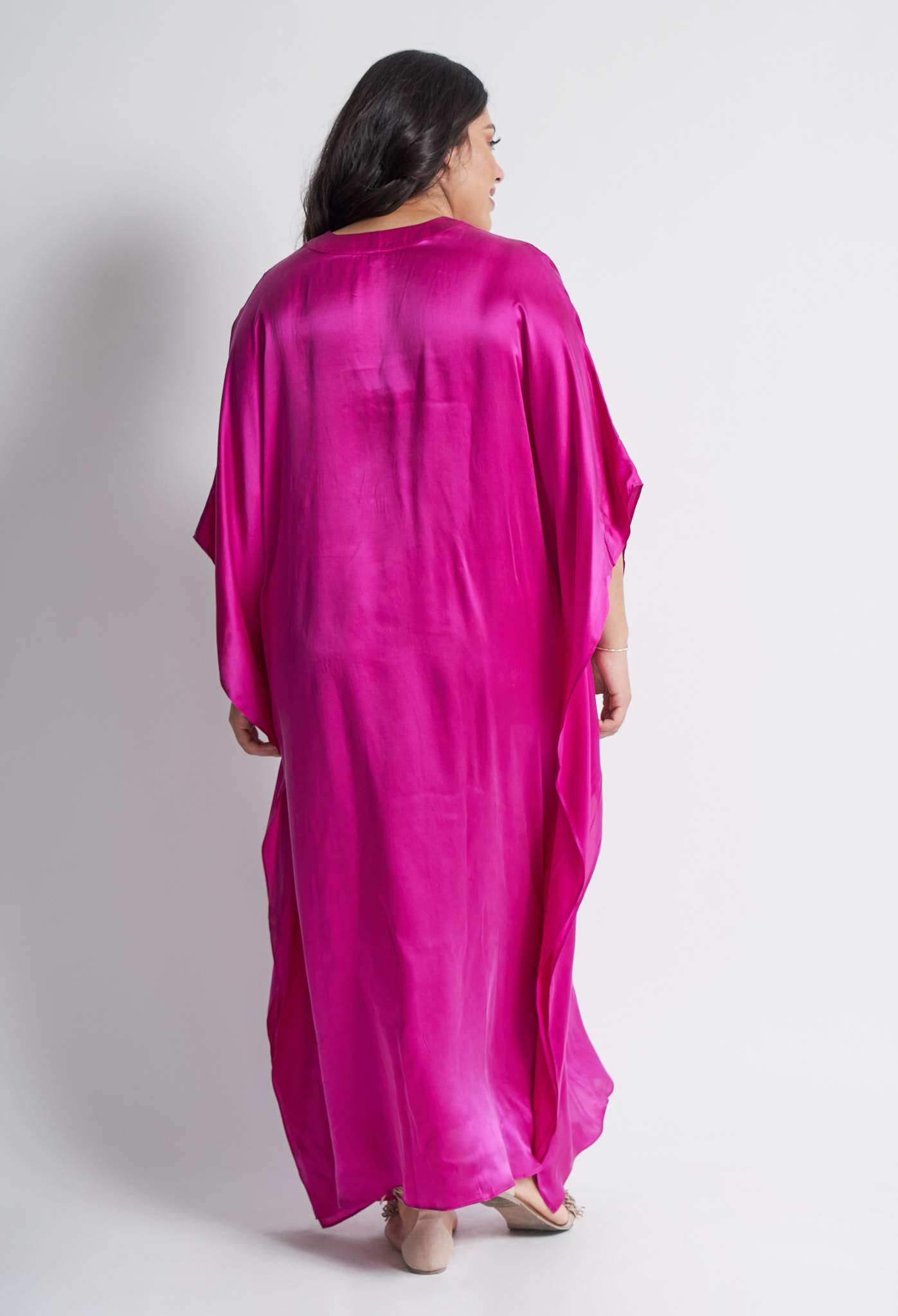 Fuchsia Silk Placket V-Neck Long Caftan - ocean+main