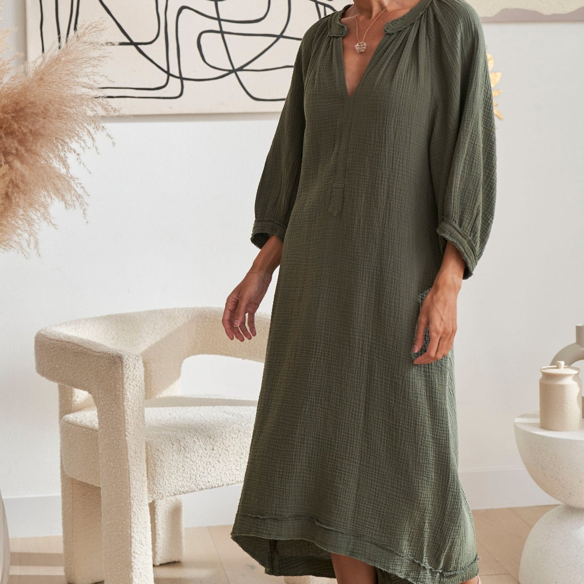 Green Gauze Dress with Pockets