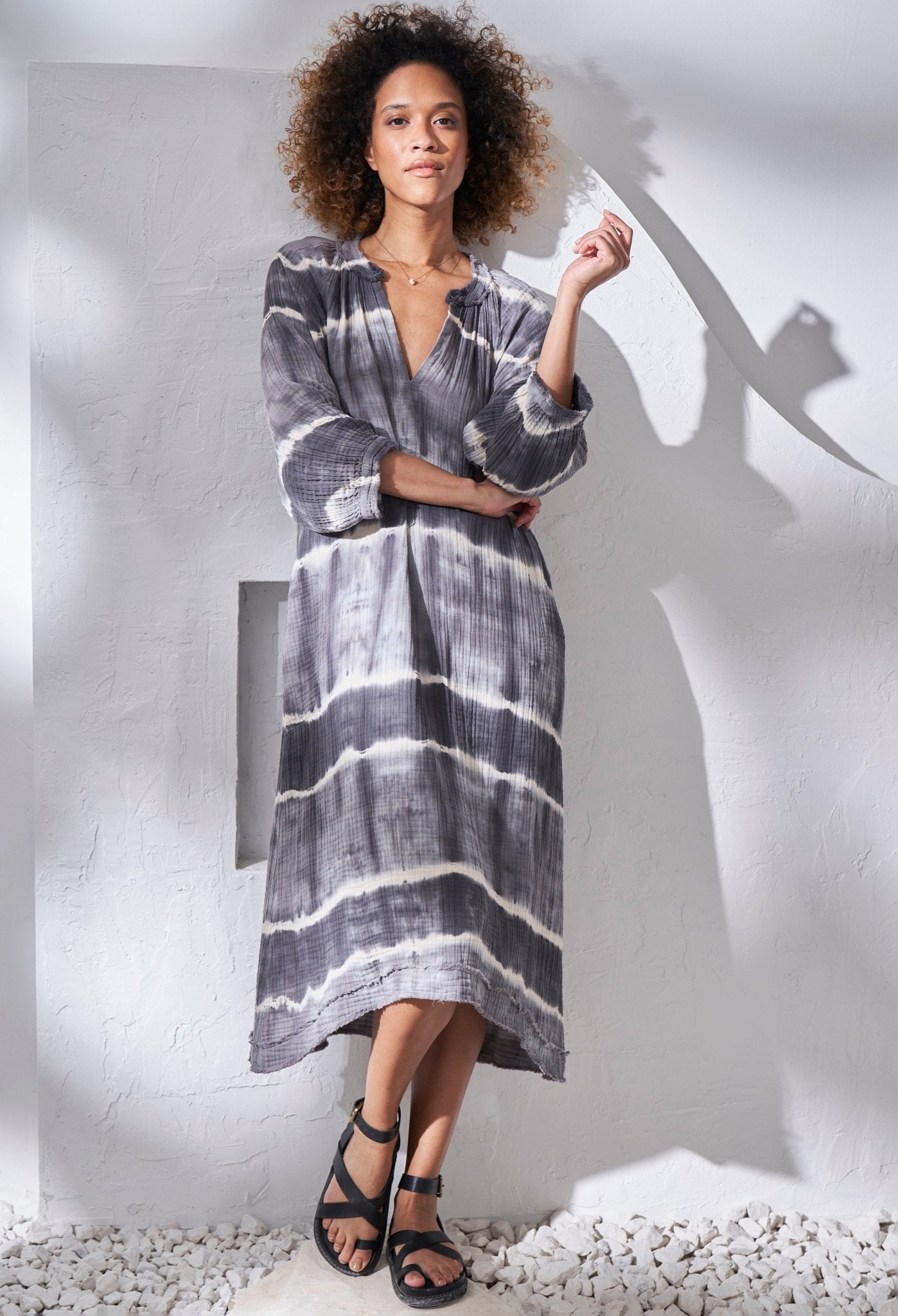 Grey Halo Print Gauze Dress with Pockets - ocean+main