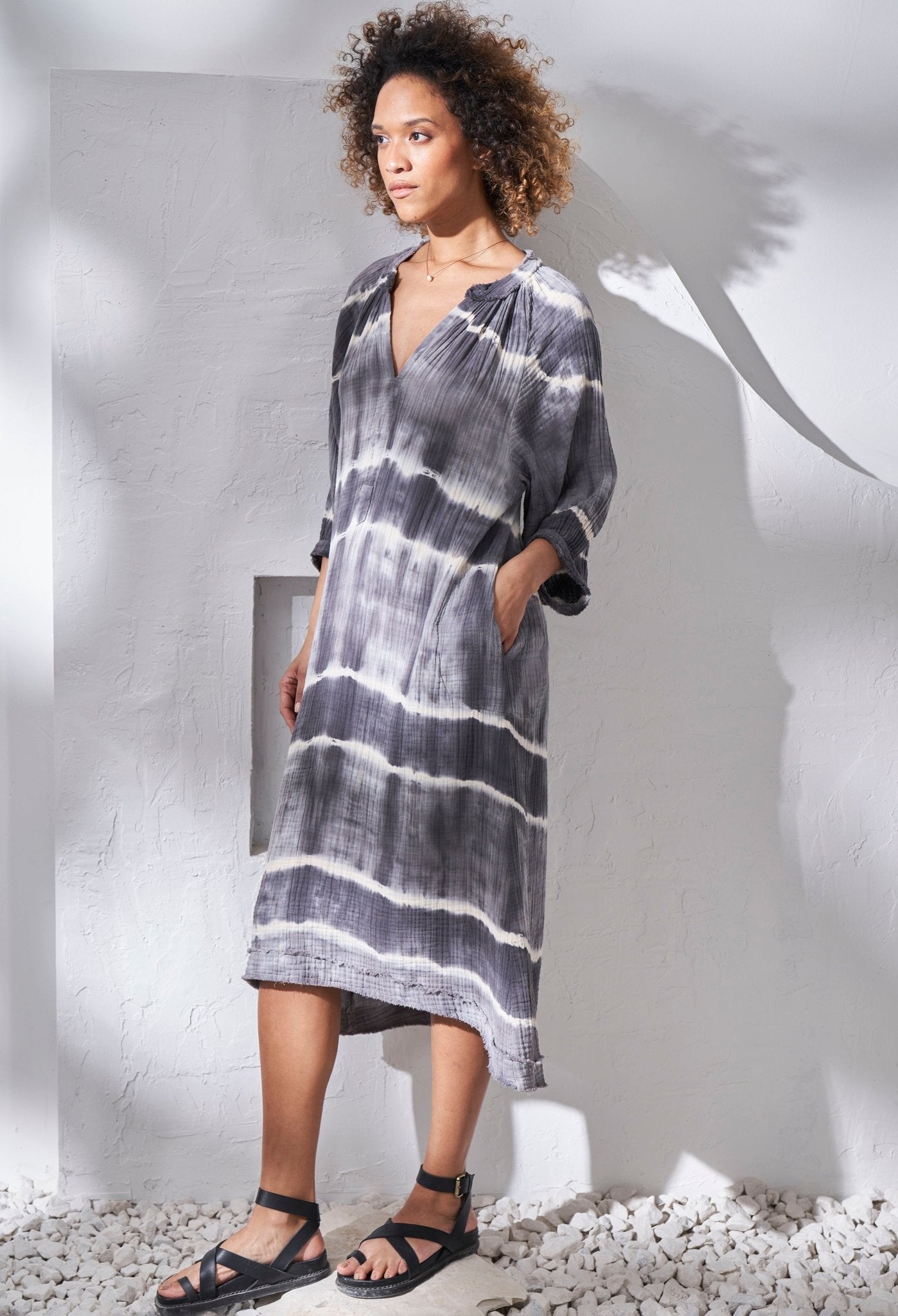 Grey Halo Print Gauze Dress with Pockets - ocean+main