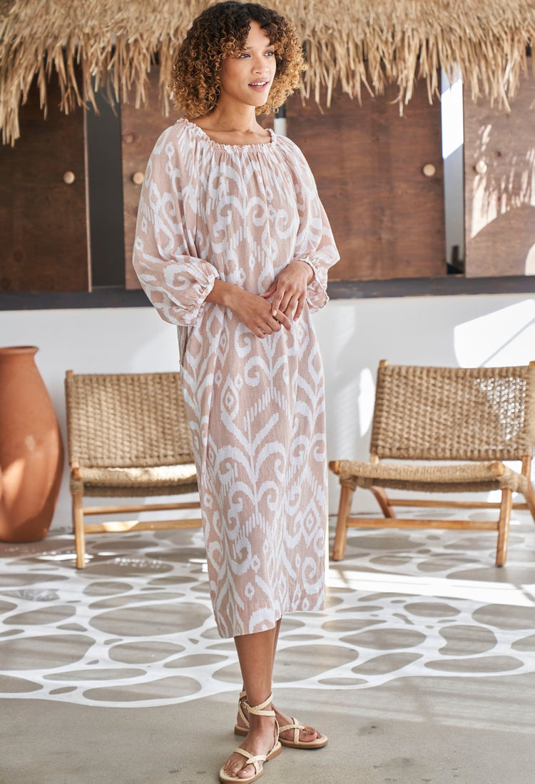 Ivory and Sand Ikat Off the Shoulder Gauze Dress with Pockets and Belt - ocean+main