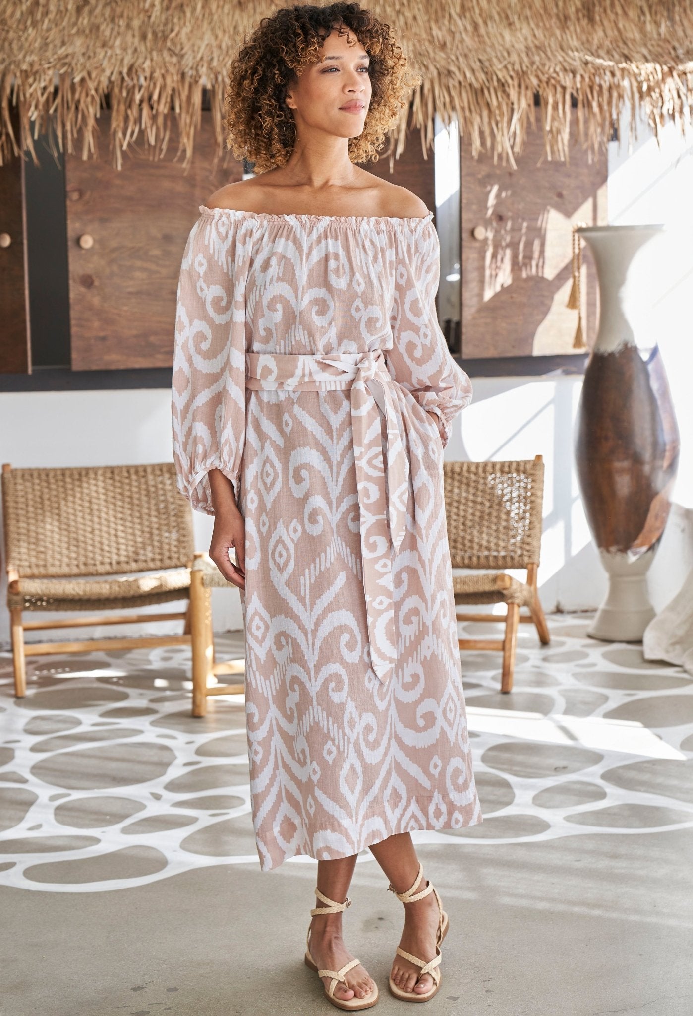 Ivory and Sand Ikat Off the Shoulder Gauze Dress with Pockets and Belt - ocean+main