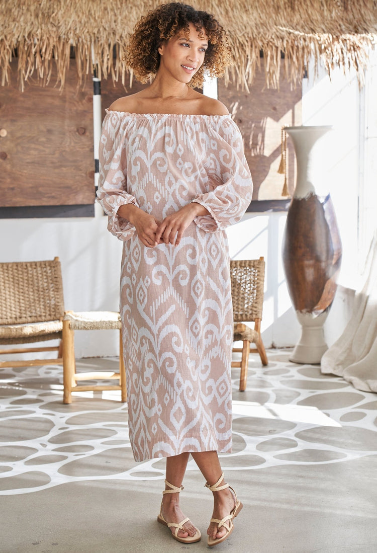 Ivory and Sand Ikat Off the Shoulder Gauze Dress with Pockets and Belt - ocean+main