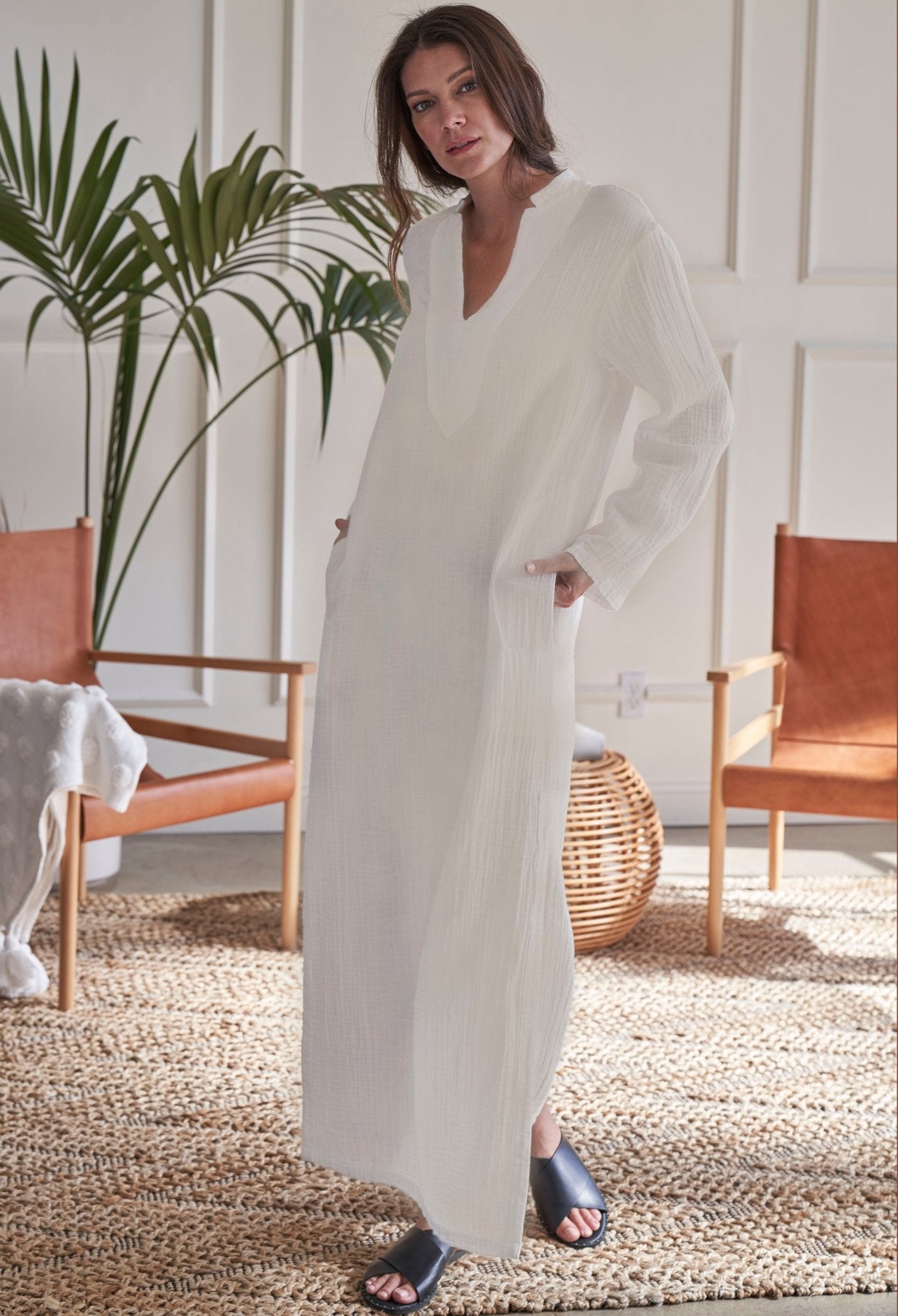 Ivory Mandarin Collar Gauze Caftan - ocean+main