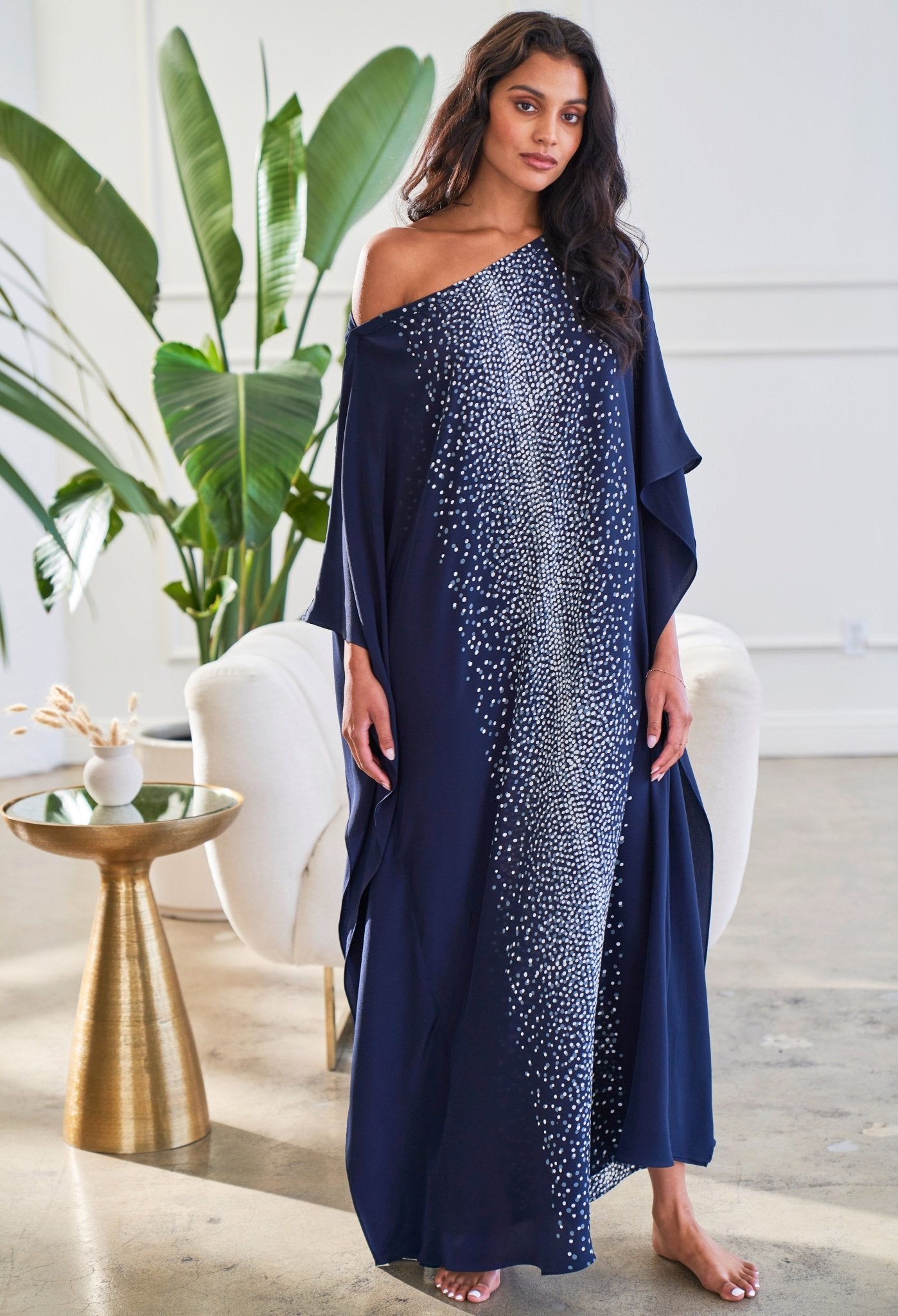 Malaysia Collection - Navy Stardust Print Long Silk Boatneck Caftan - ocean+main