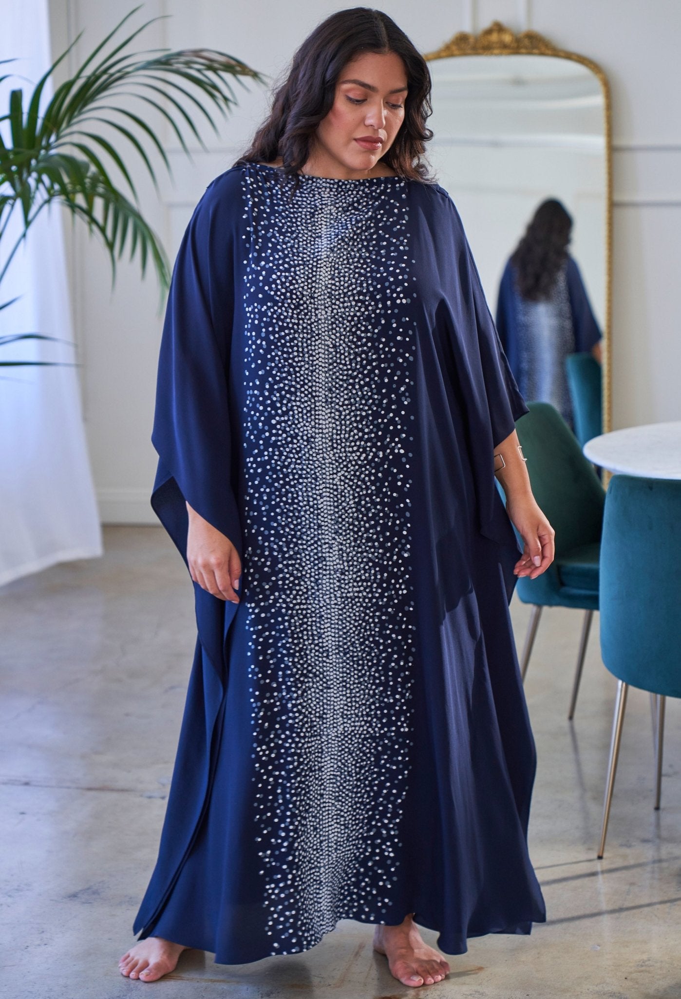 Malaysia Collection - Navy Stardust Print Long Silk Boatneck Caftan - ocean+main