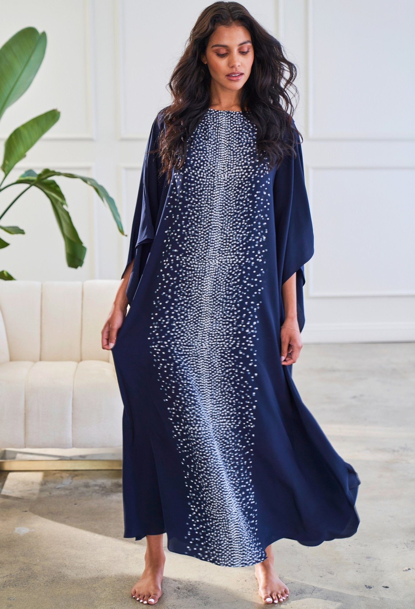 Malaysia Collection - Navy Stardust Print Long Silk Boatneck Caftan - ocean+main