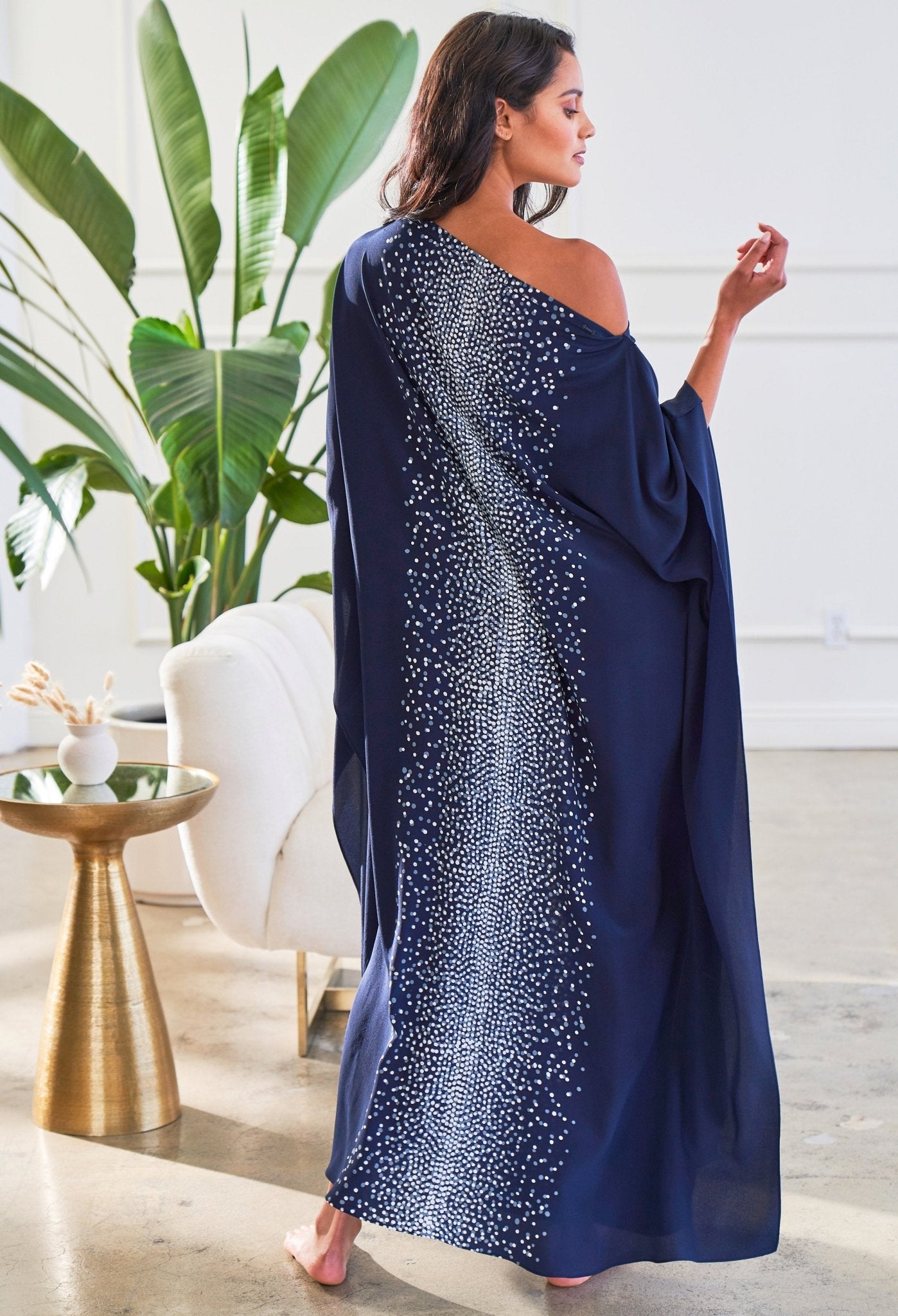 Malaysia Collection - Navy Stardust Print Long Silk Boatneck Caftan - ocean+main