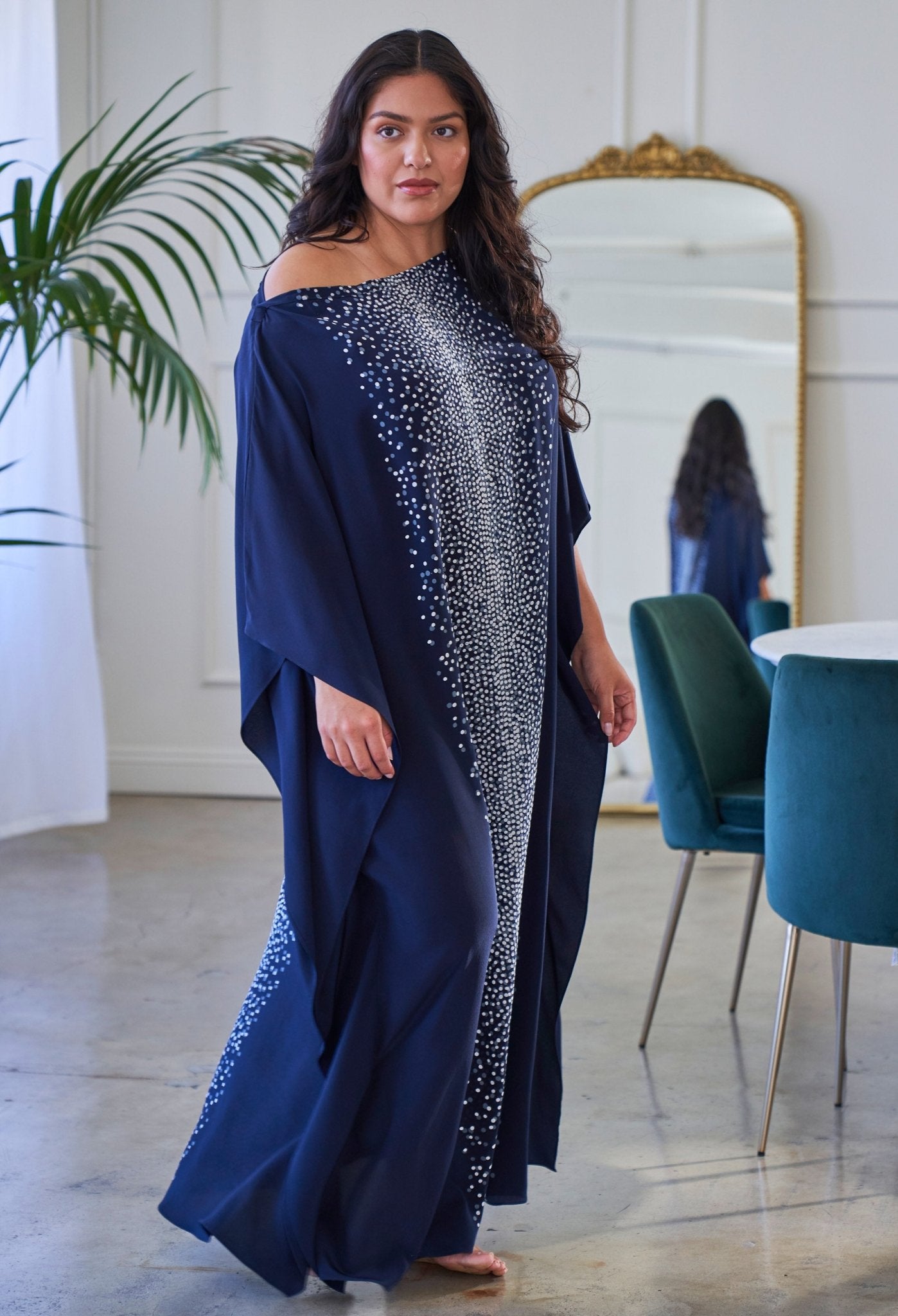 Malaysia Collection - Navy Stardust Print Long Silk Boatneck Caftan - ocean+main