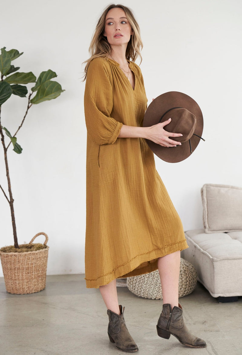 Mustard Gauze Dress with Pockets - ocean+main
