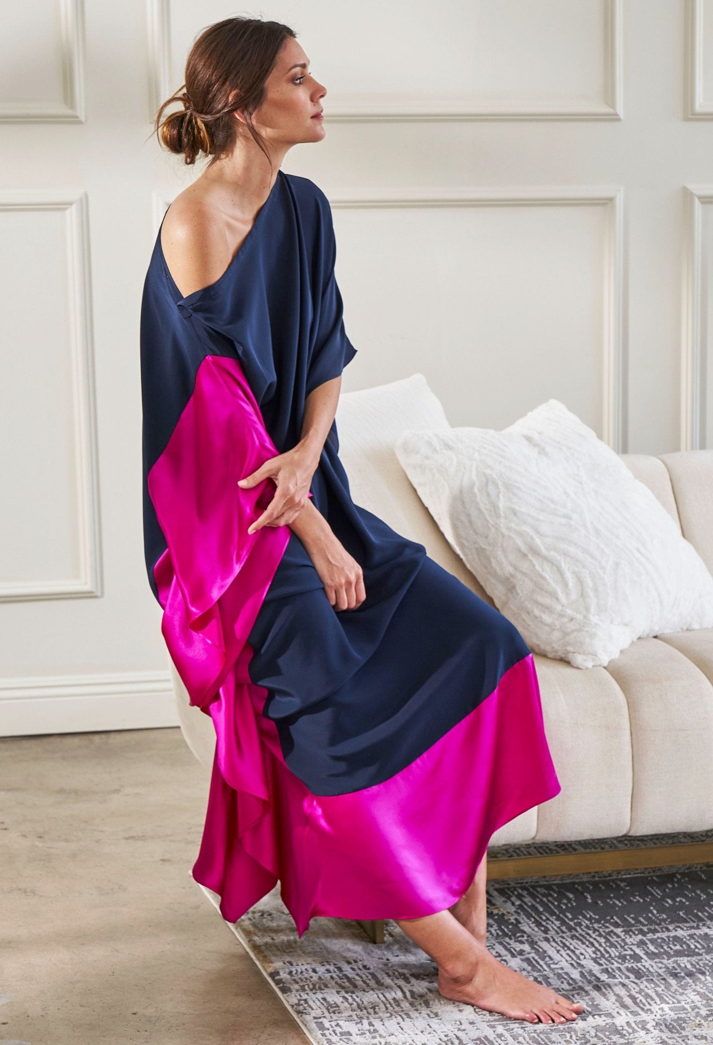 Navy and Fuchsia Boatneck Silk Caftan - ocean+main