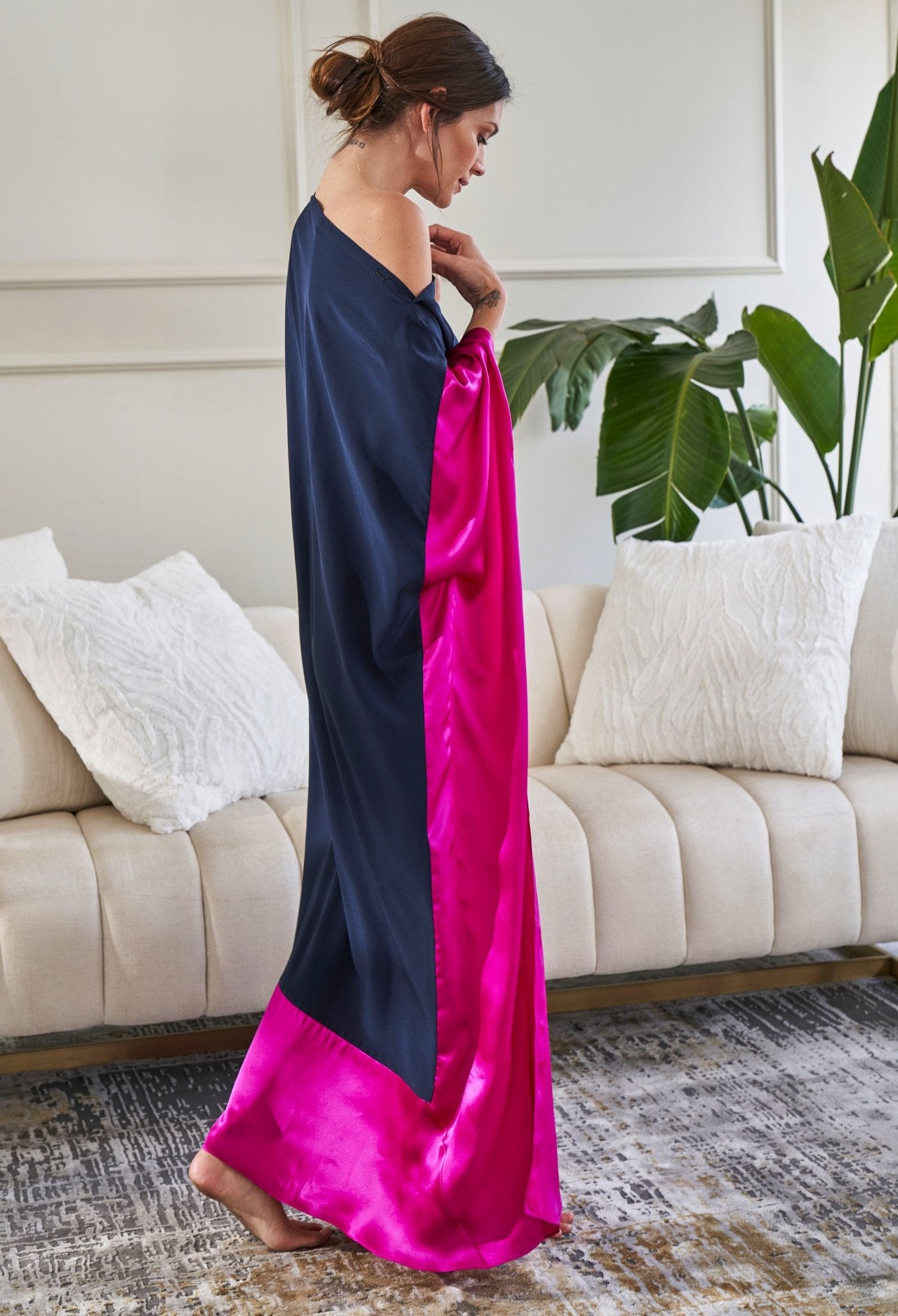 Navy and Fuchsia Boatneck Silk Caftan - ocean+main