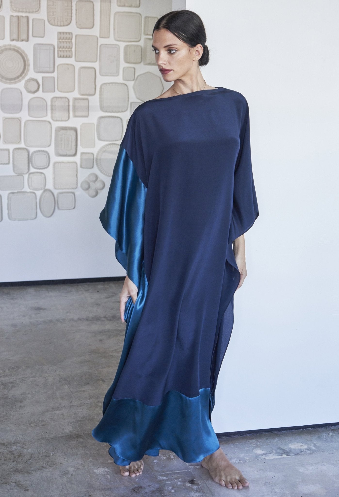 Navy and Teal Boatneck Silk Caftan - ocean+main