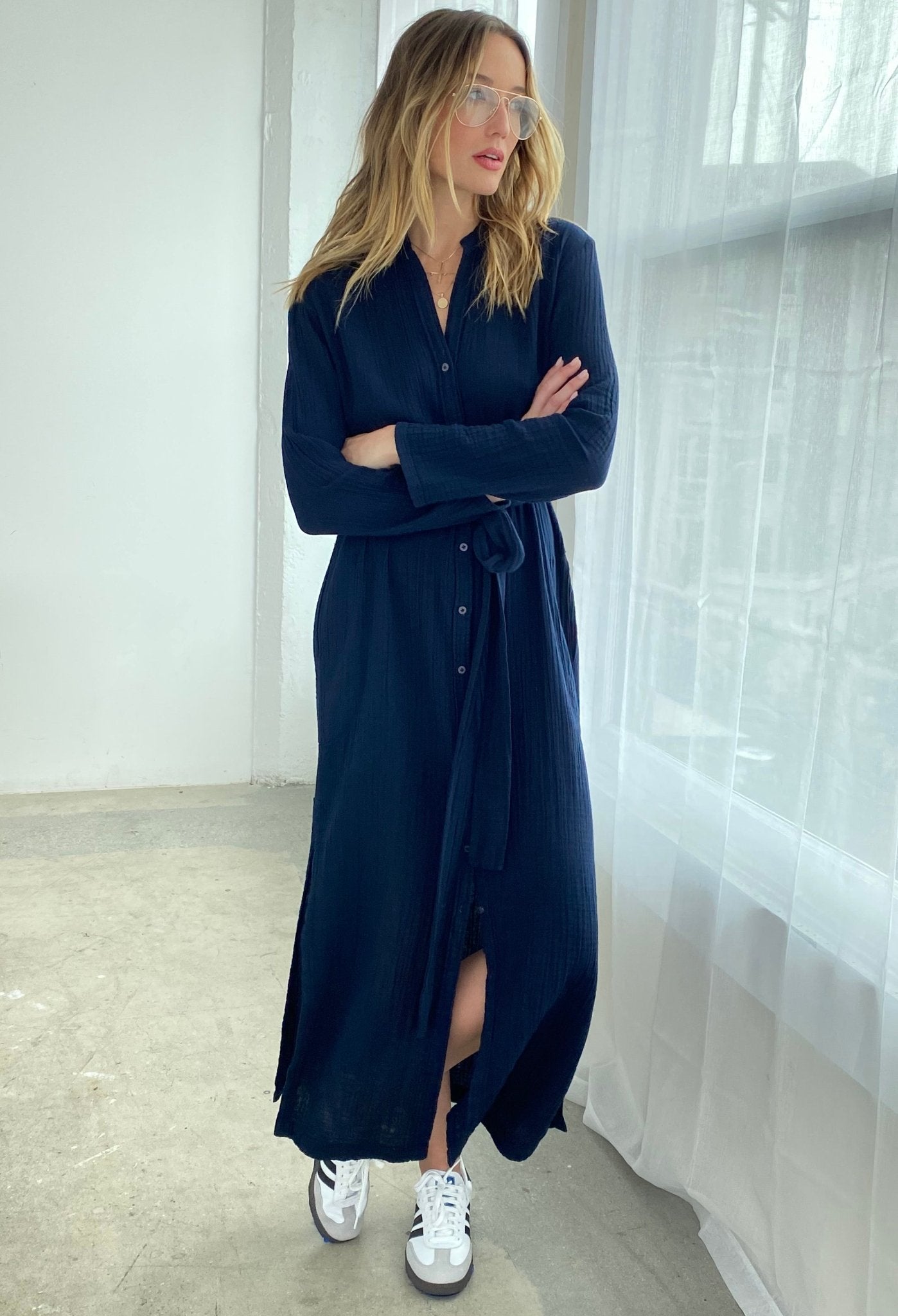 Navy Button Front Belted Cotton Gauze Tunic Dress - ocean+main