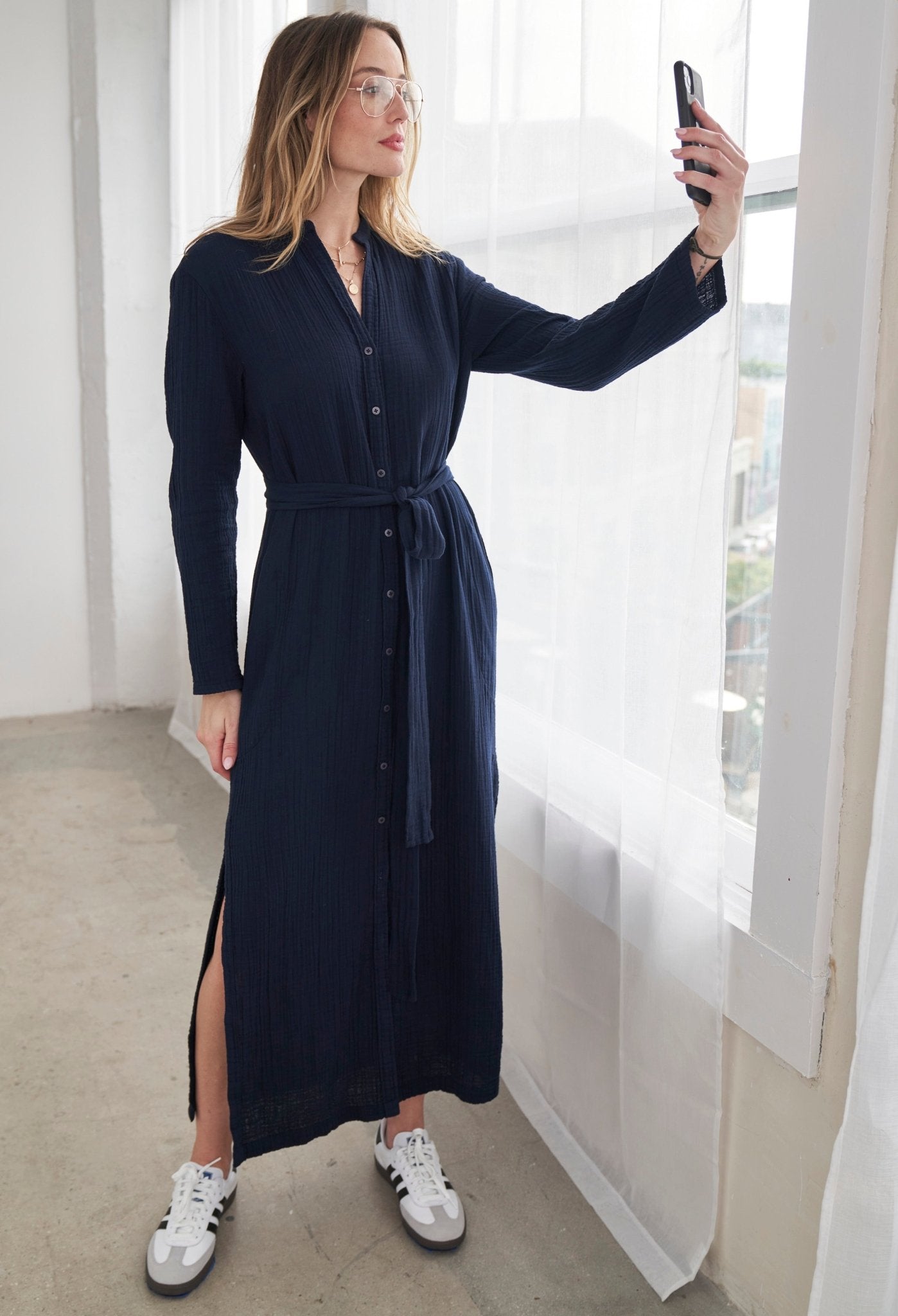 Navy Button Front Belted Cotton Gauze Tunic Dress - ocean+main