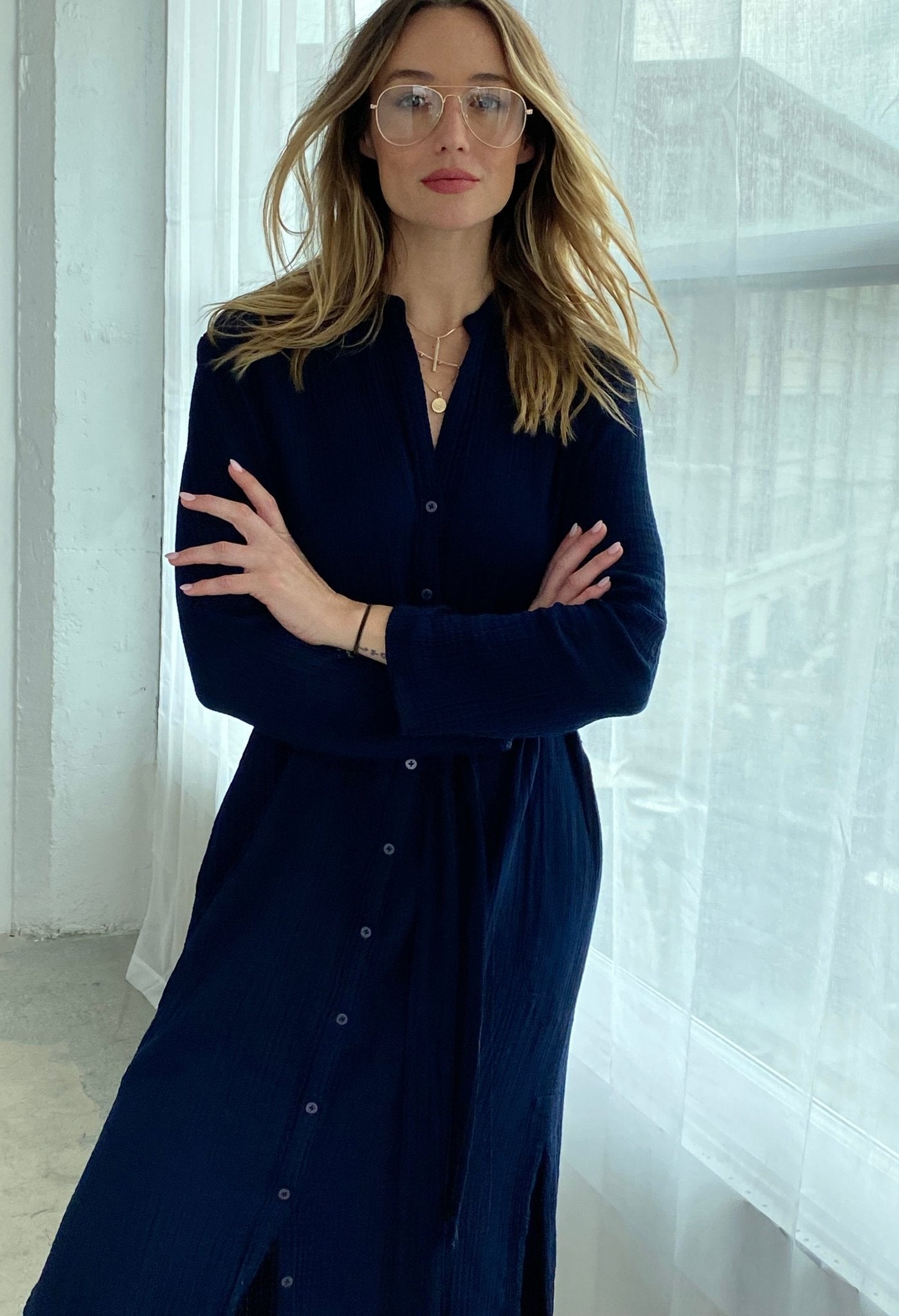 Navy Button Front Belted Cotton Gauze Tunic Dress - ocean+main