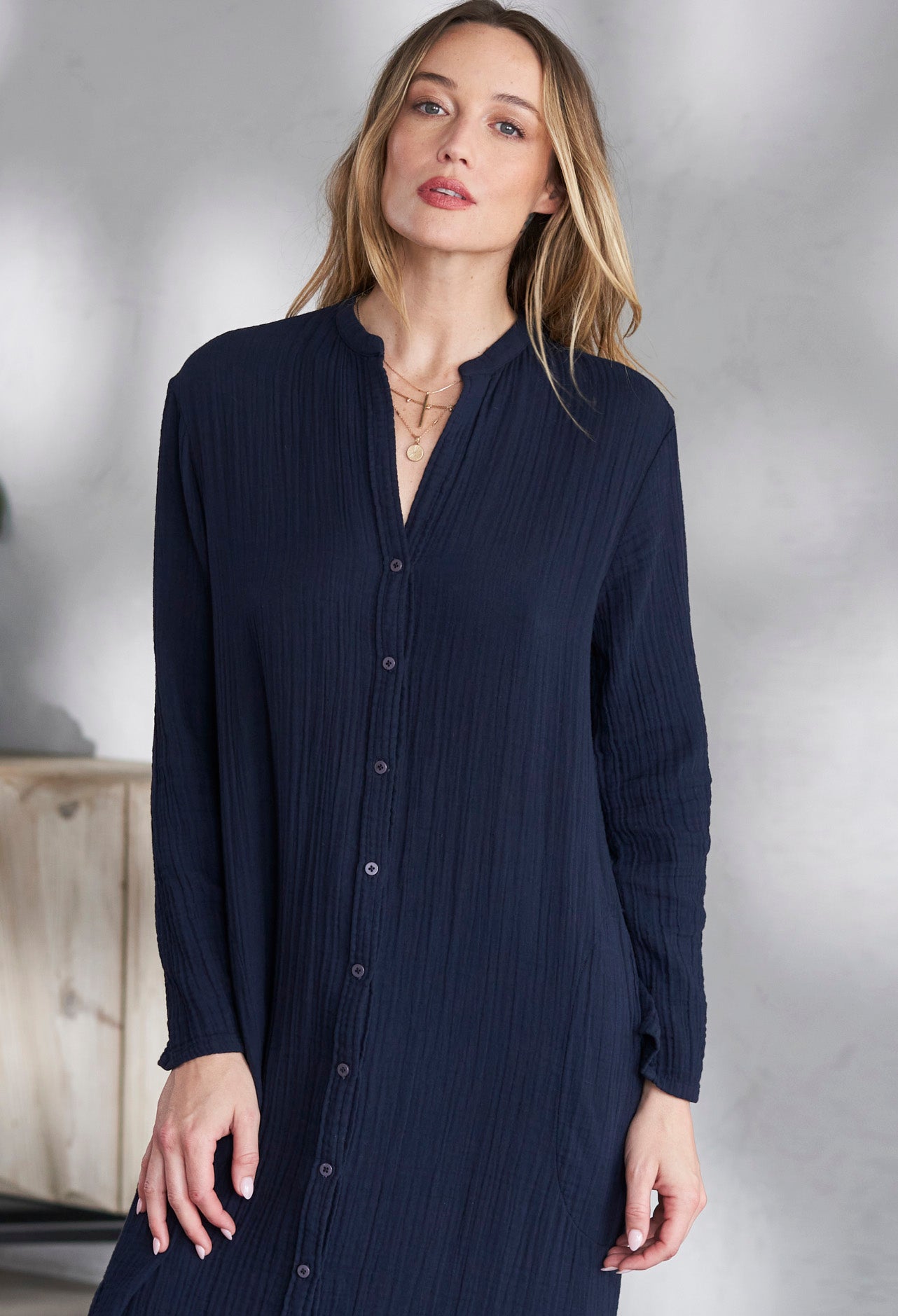 Navy Button Front Belted Cotton Gauze Tunic Dress - ocean+main