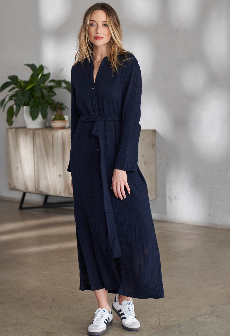 Navy Button Front Belted Cotton Gauze Tunic Dress - ocean+main