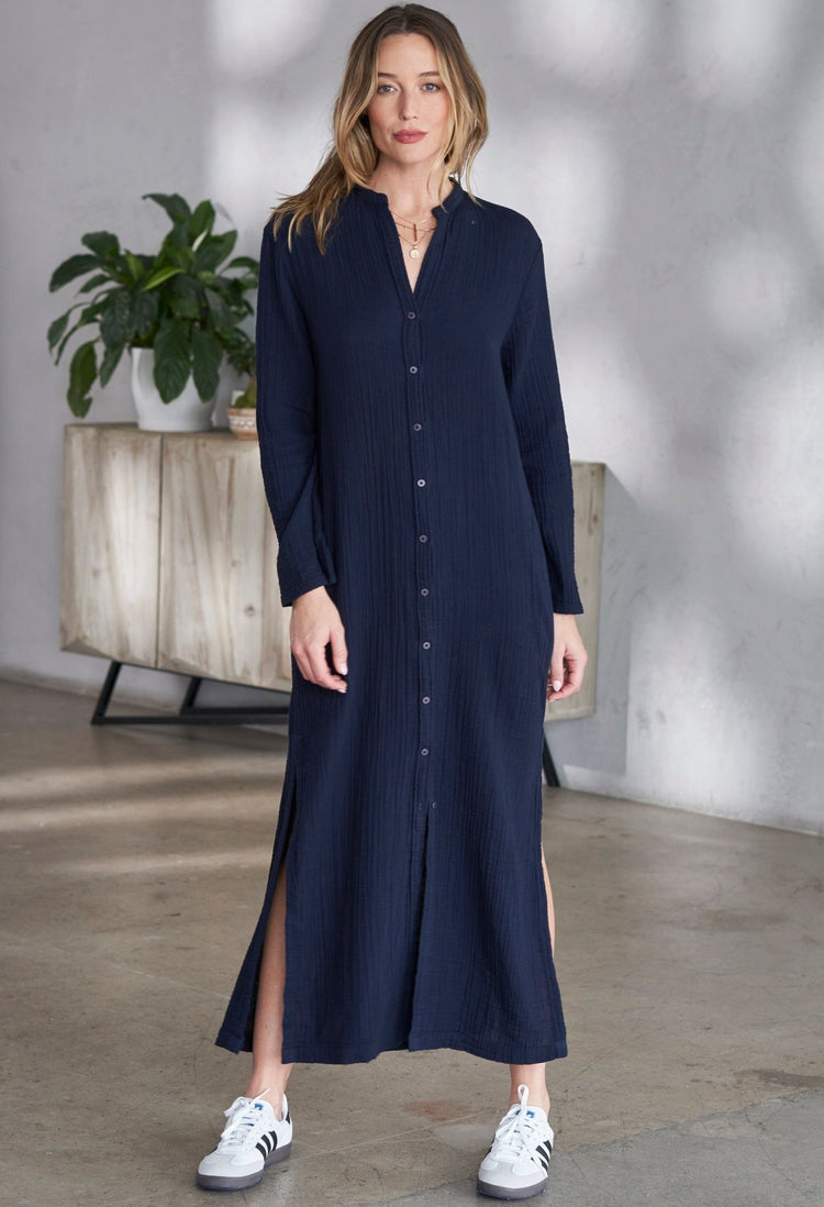 Navy Button Front Belted Cotton Gauze Tunic Dress - ocean+main