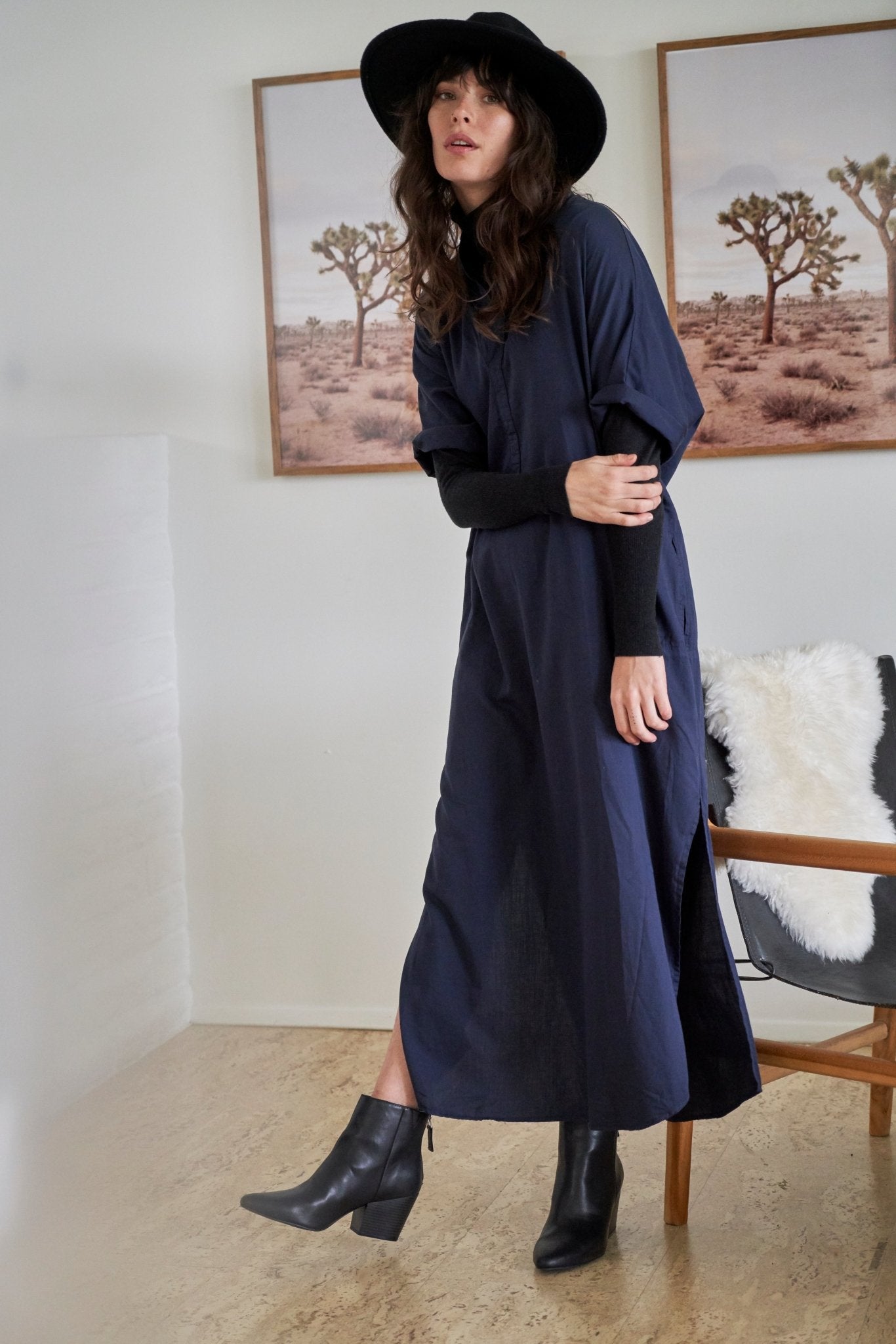 Navy Cotton Long Easy Dress - ocean+main