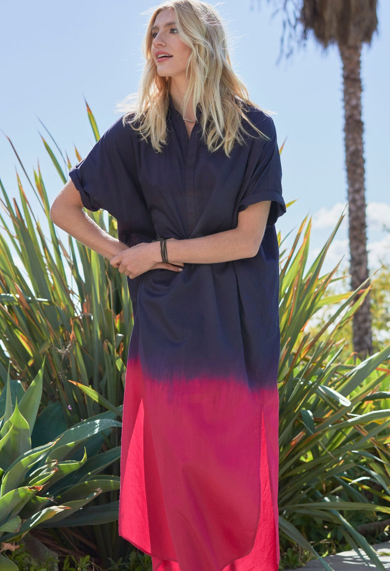 Navy Fuchsia Dip Dyed Cotton Long Easy Dress - ocean+main