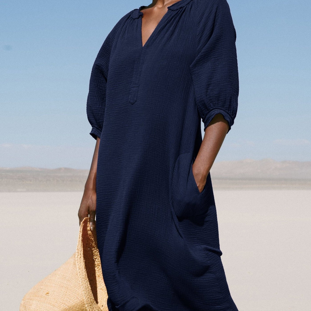navy blue gauze dress Ocean+Main | Navy Gauze Dress with Pockets