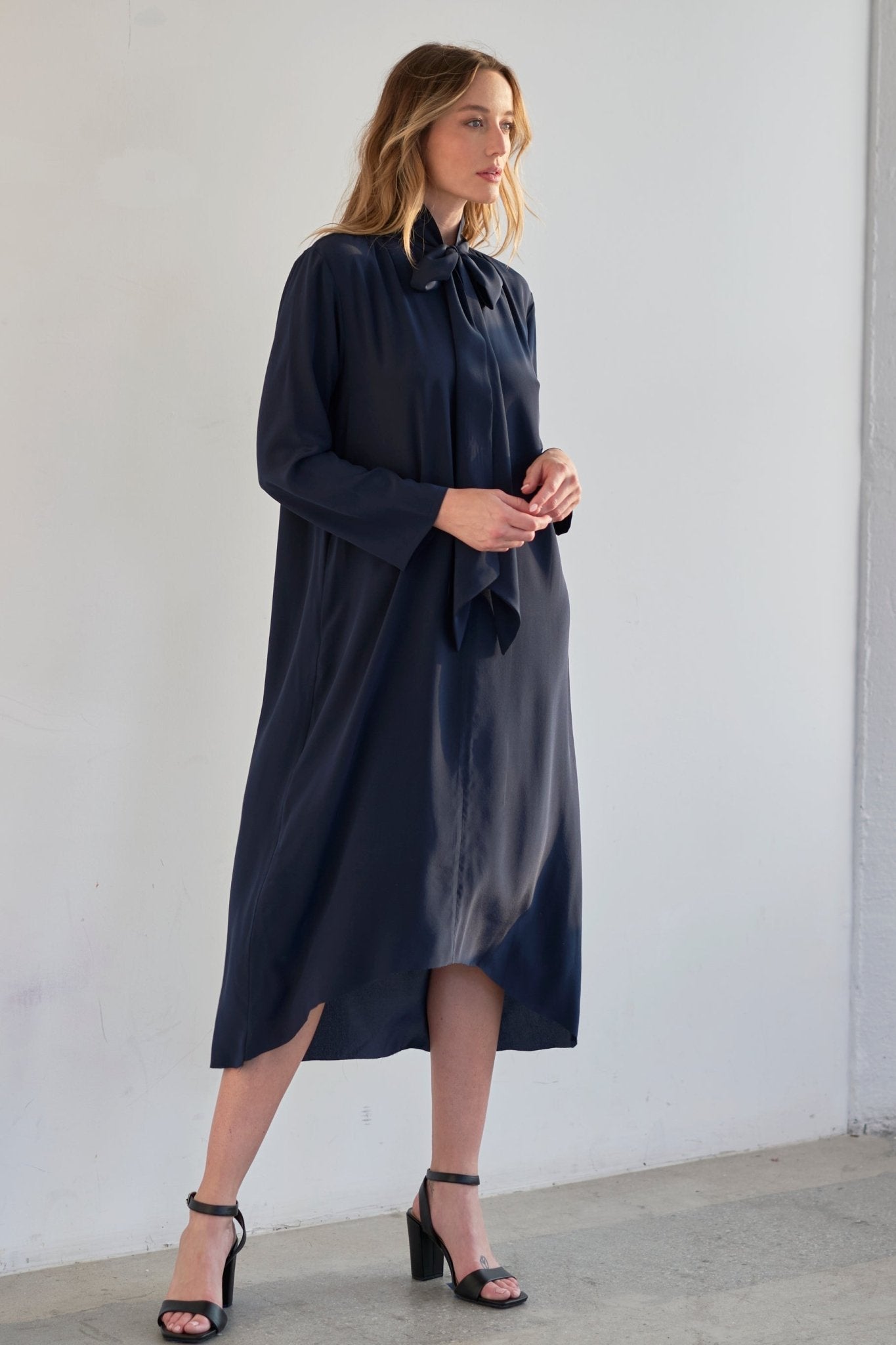 Navy Scarf Neck Silk Dress - ocean+main