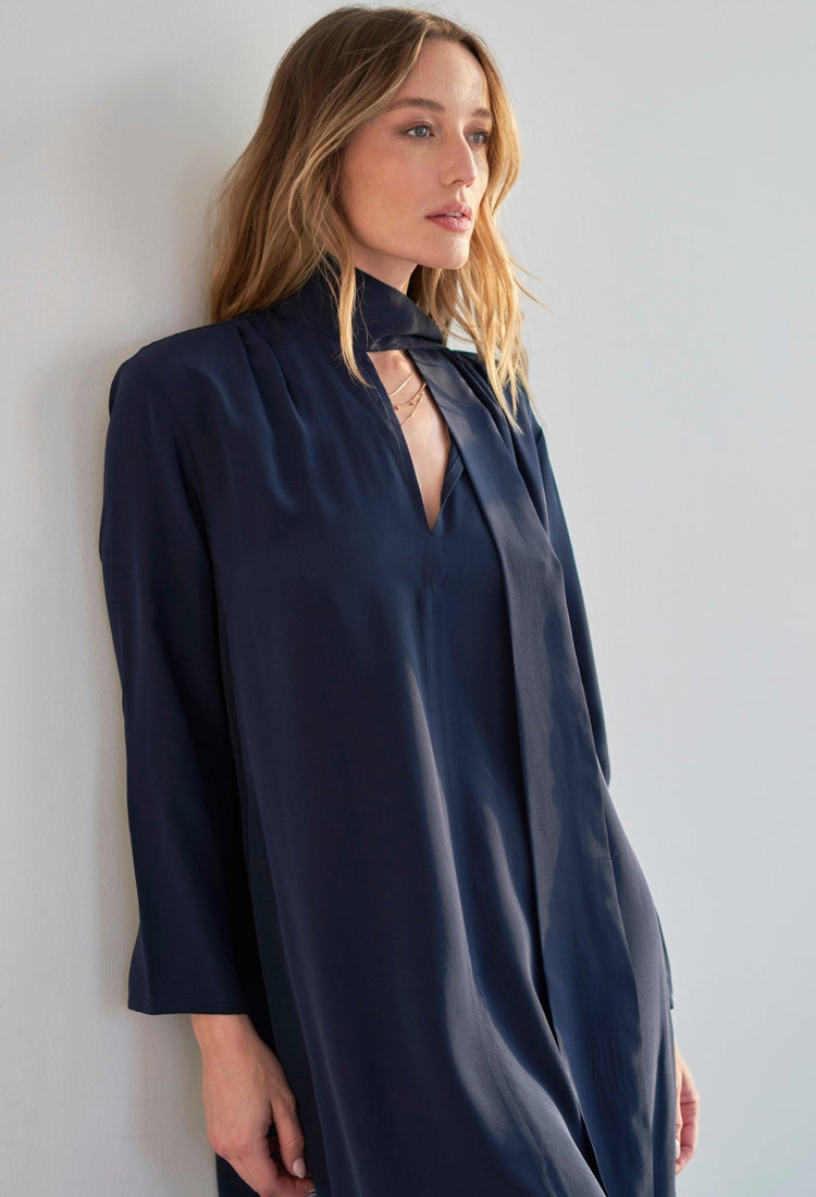 Navy Scarf Neck Silk Dress - ocean+main