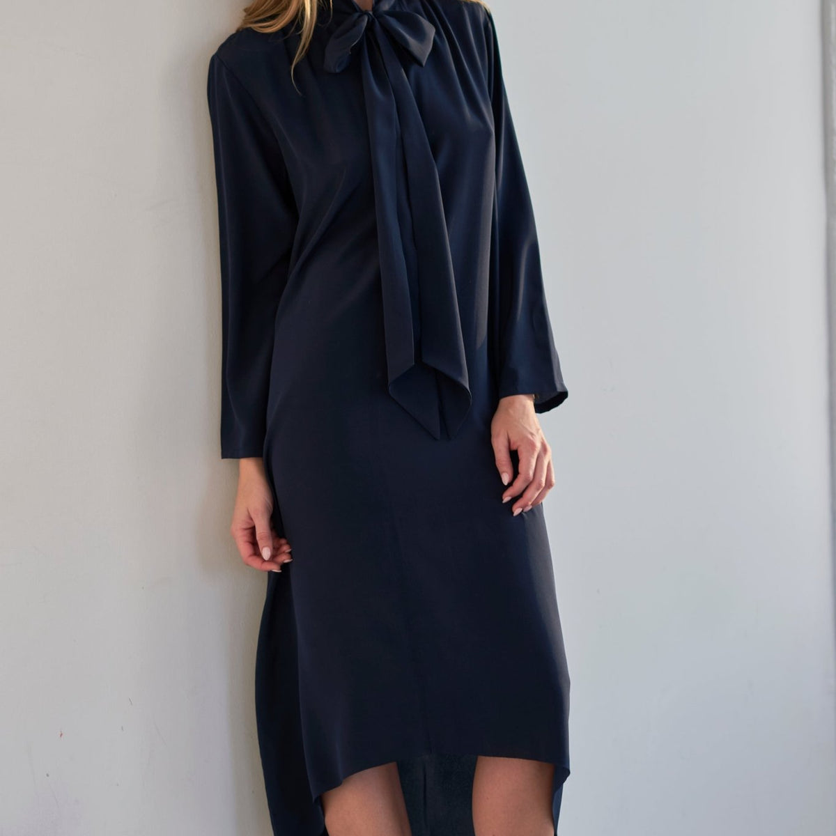 Navy Scarf Neck Dress - Women's Silk Dress L/XL