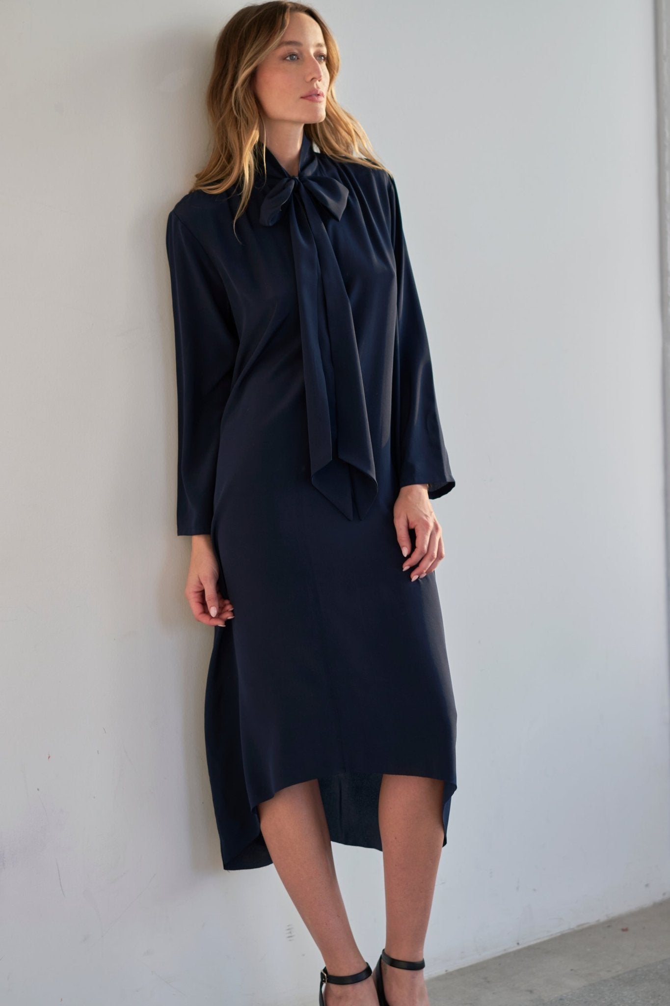Navy Scarf Neck Silk Dress - Sale