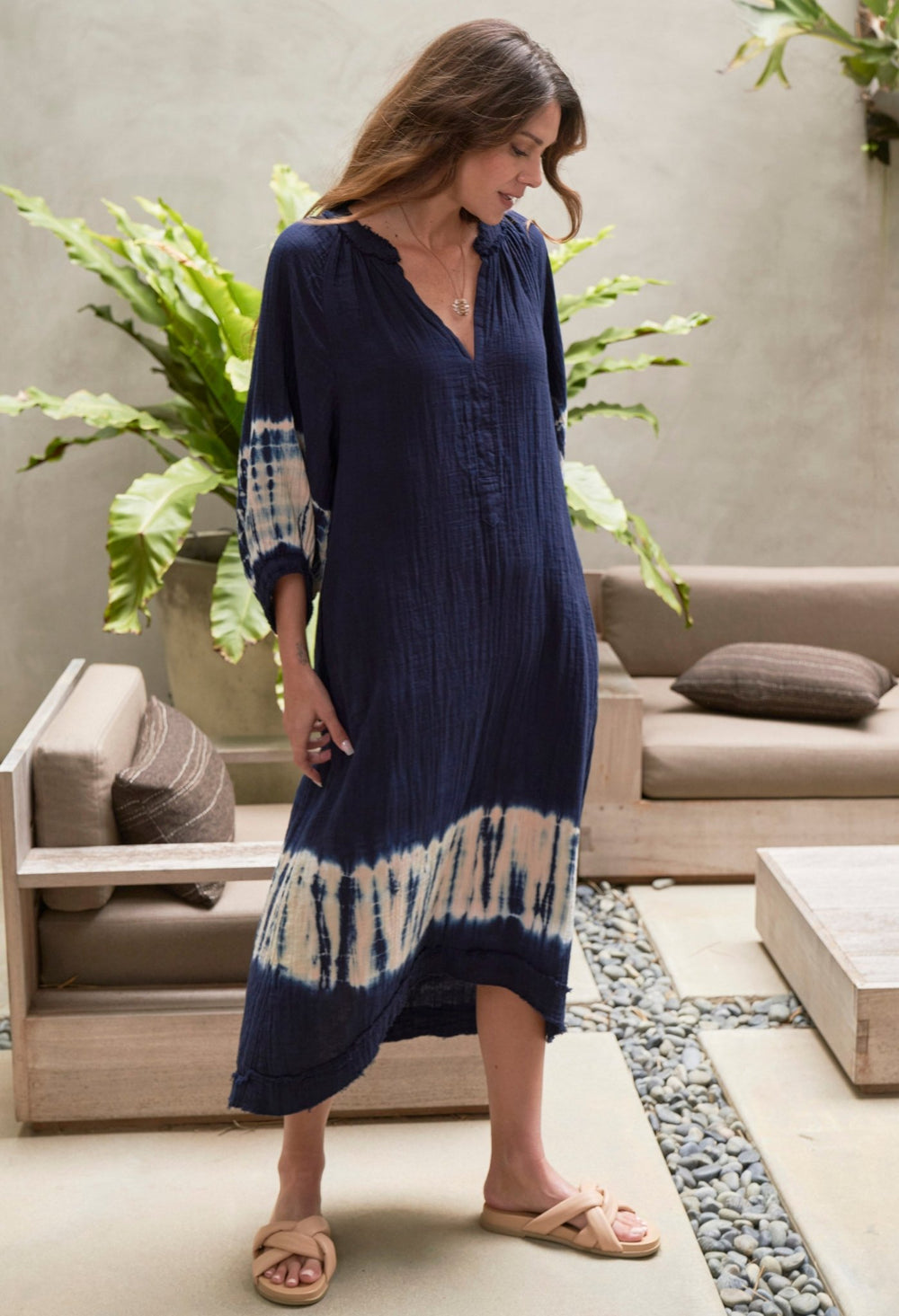Navy Tie Dye Cotton Gauze Dress with Pockets