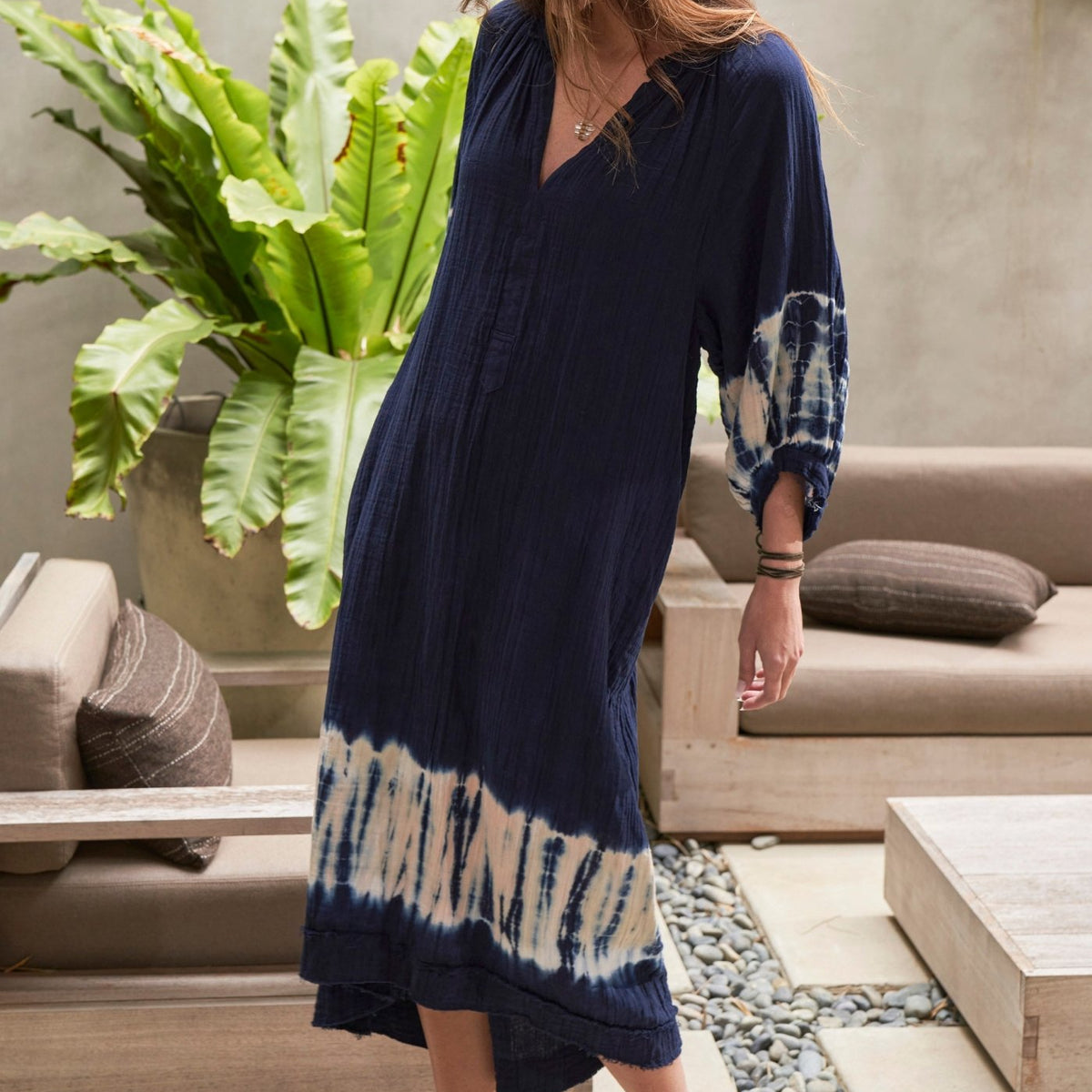 Navy Tie Dye Cotton Gauze Dress with Pockets