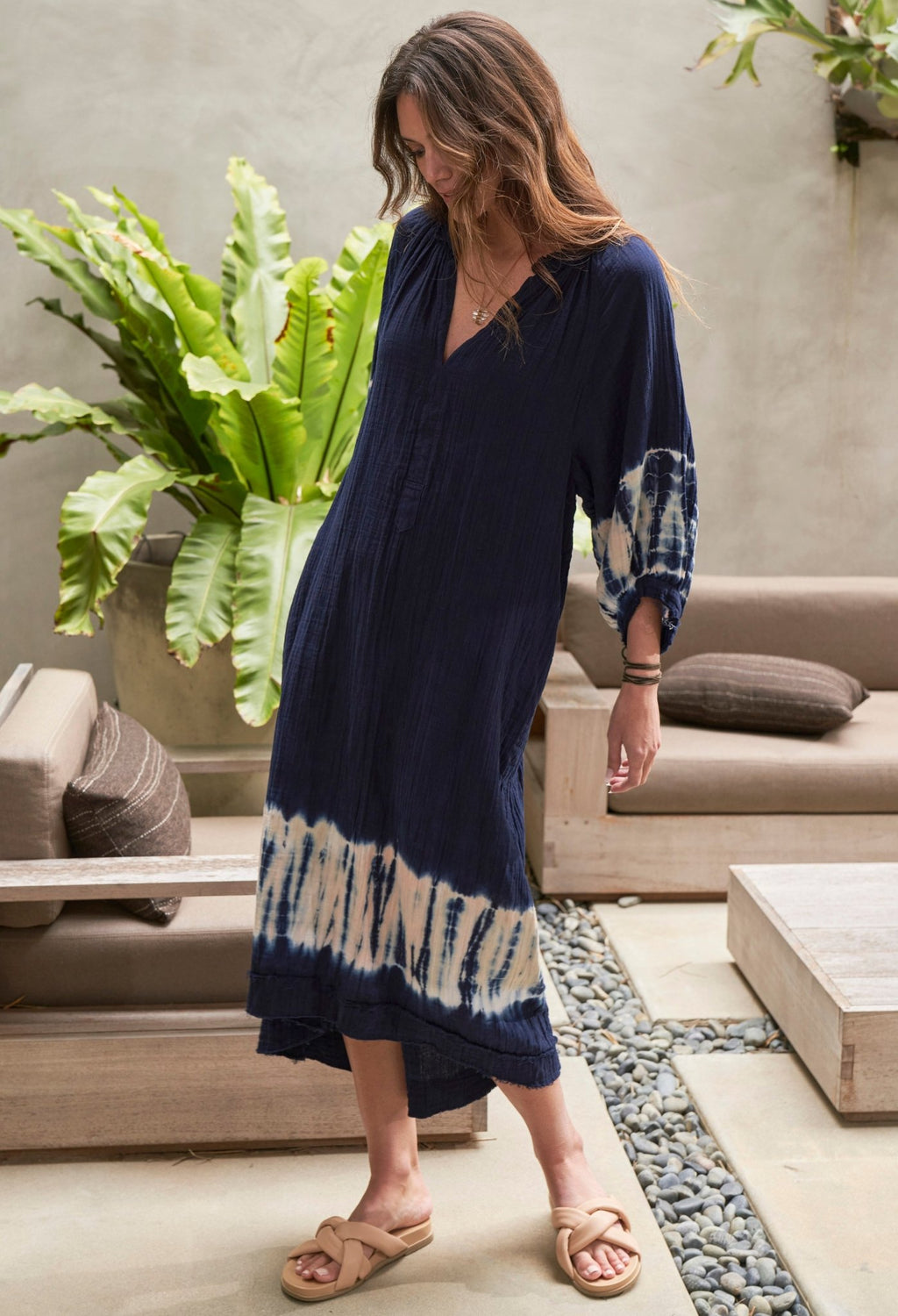 Navy Tie Dye Cotton Gauze Dress with Pockets