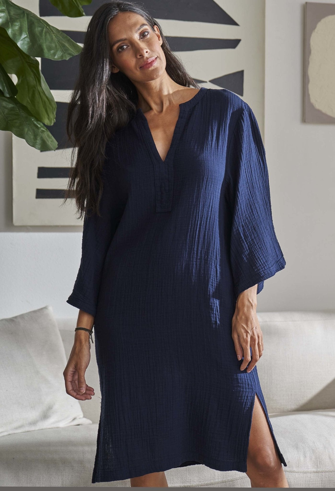 Navy Short Gauze Tunic Dress with Pockets - Sale - ocean+main