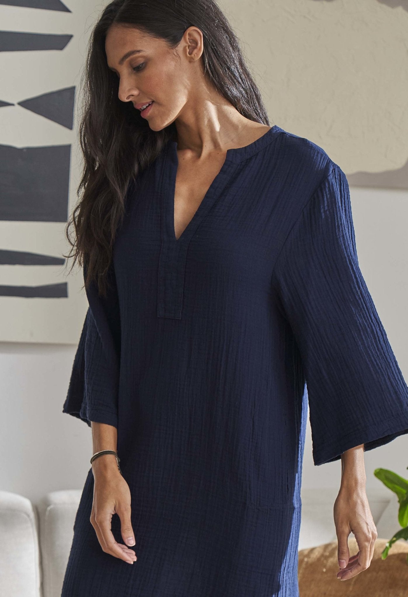 Navy Short Gauze Tunic Dress with Pockets - Sale - ocean+main