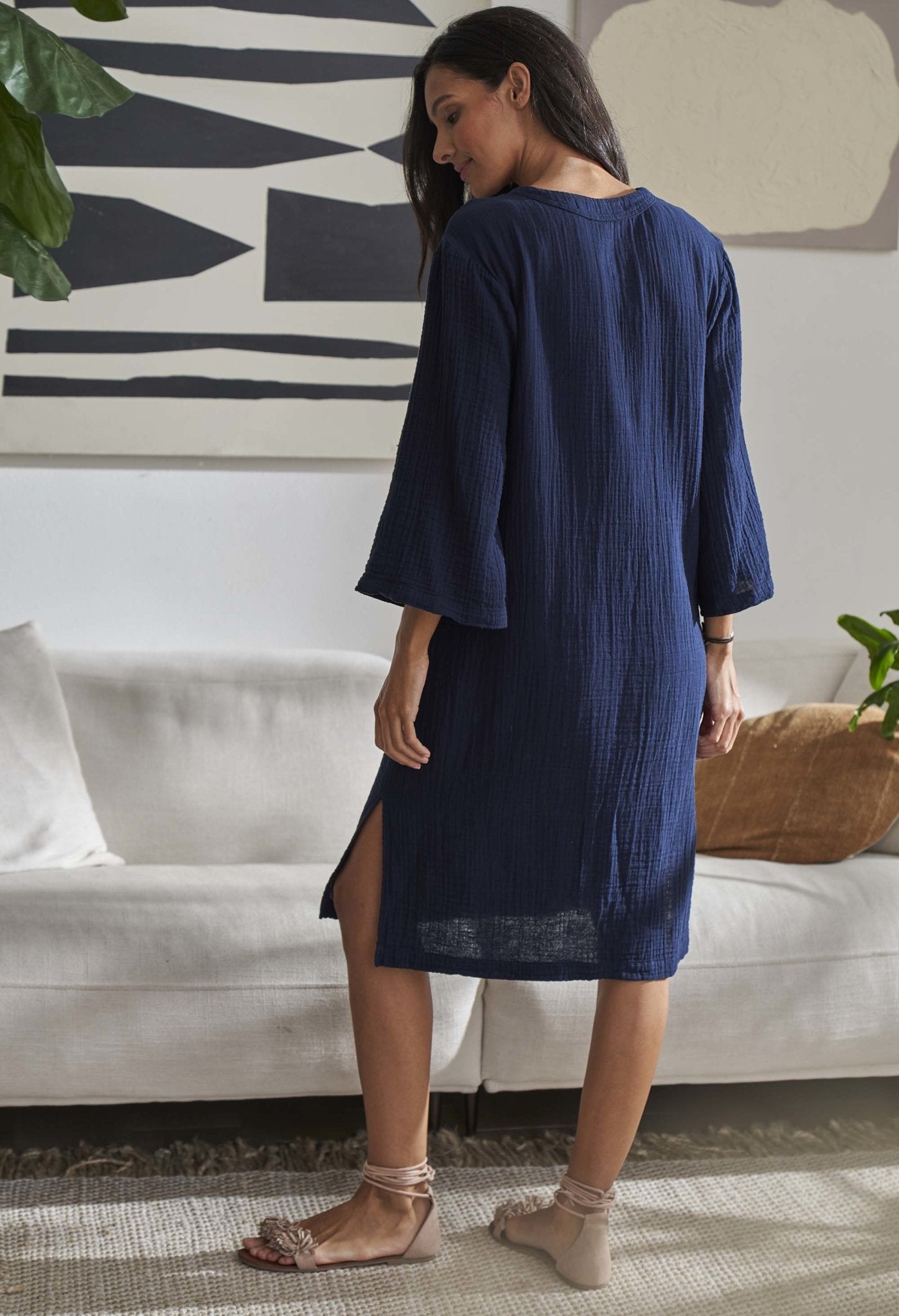 Navy Short Gauze Tunic Dress with Pockets - Sale - ocean+main