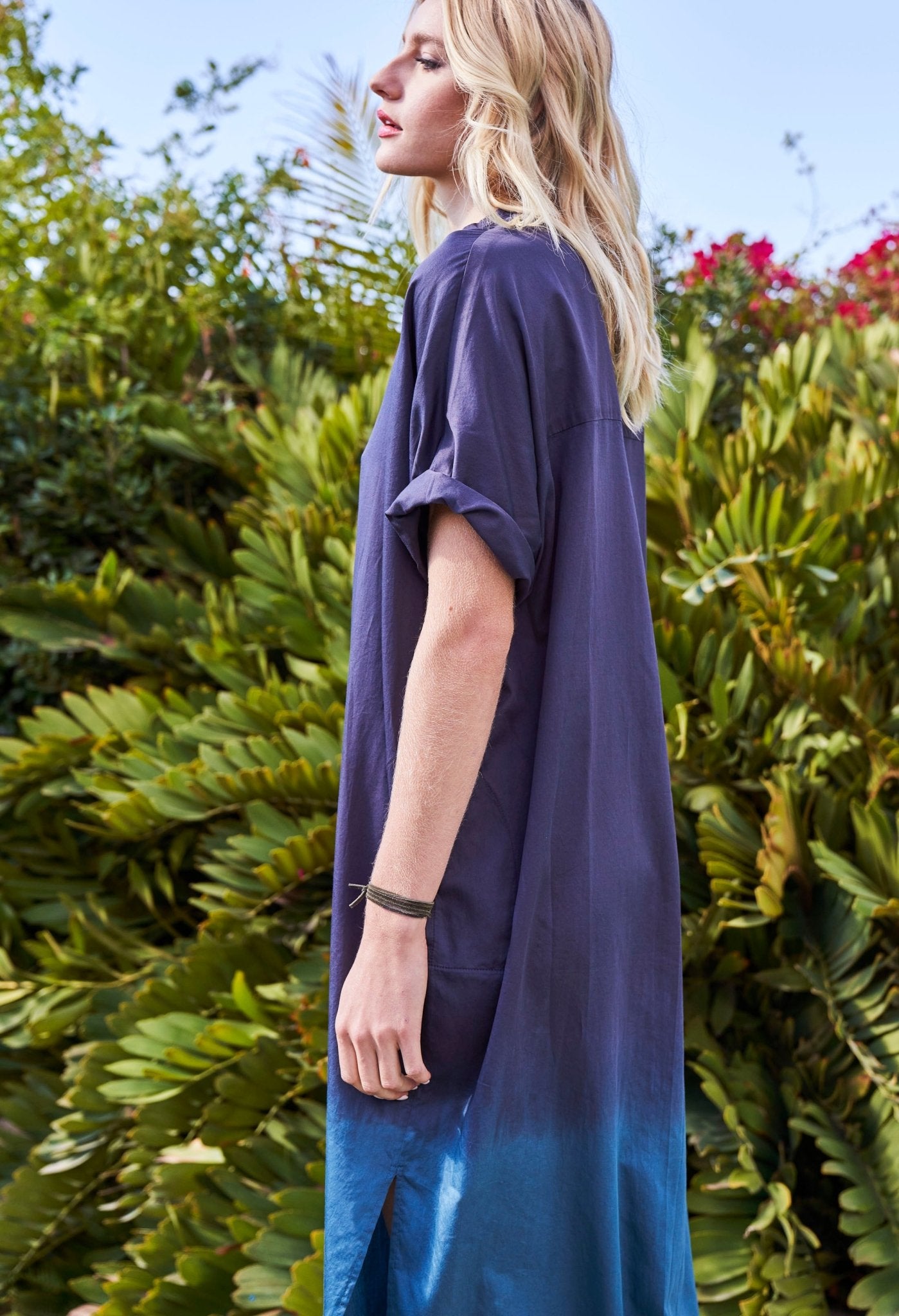 Navy Teal Dip Dyed Cotton Long Easy Dress - ocean+main