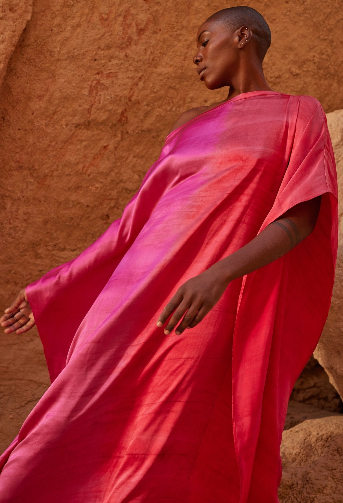 Ombre Fuchsia and Red Boatneck Silk Caftan - ocean+main