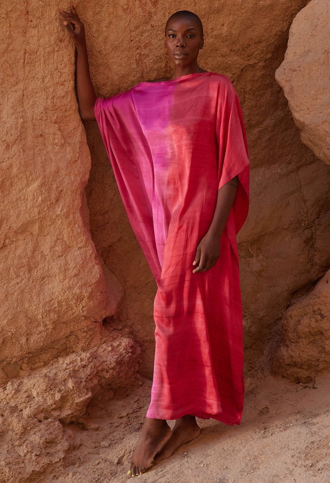 Ombre Fuchsia and Red Boatneck Silk Caftan - ocean+main